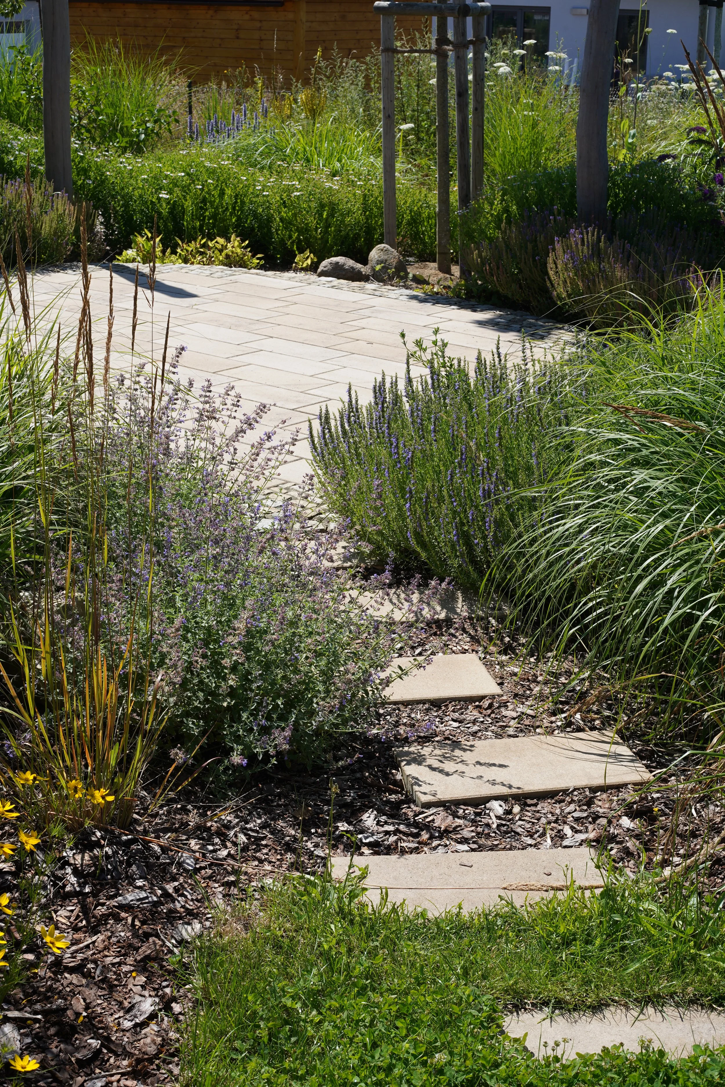 Garten mit üppiger Begrünung und Trittsteinen, die zu einer befestigten Terrasse führen.