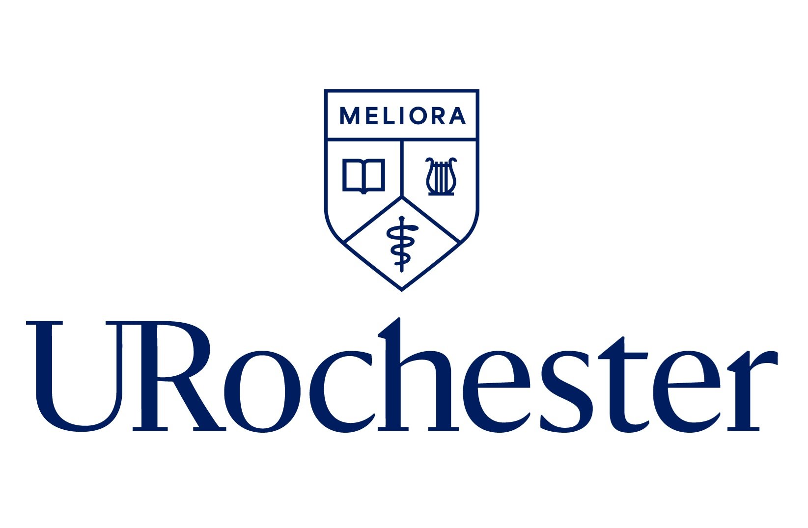 The logo of the University of Rochester, featuring a shield with a book, a lyre, and a caduceus, and the words "Meliora" and "U Rochester" in blue.