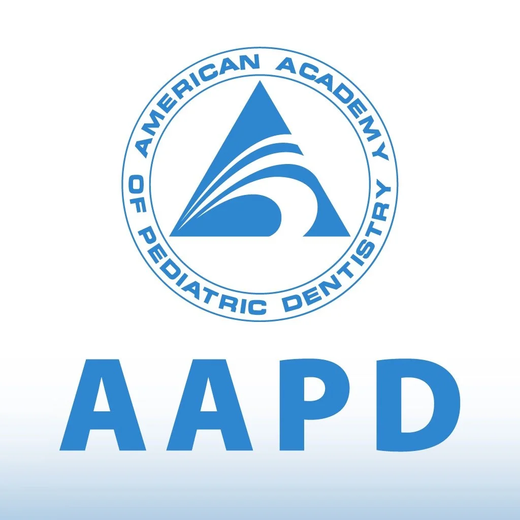 Logo of the American Academy of Pediatric Dentistry, featuring a blue triangle with curved lines and the acronym 'AAPD' below.