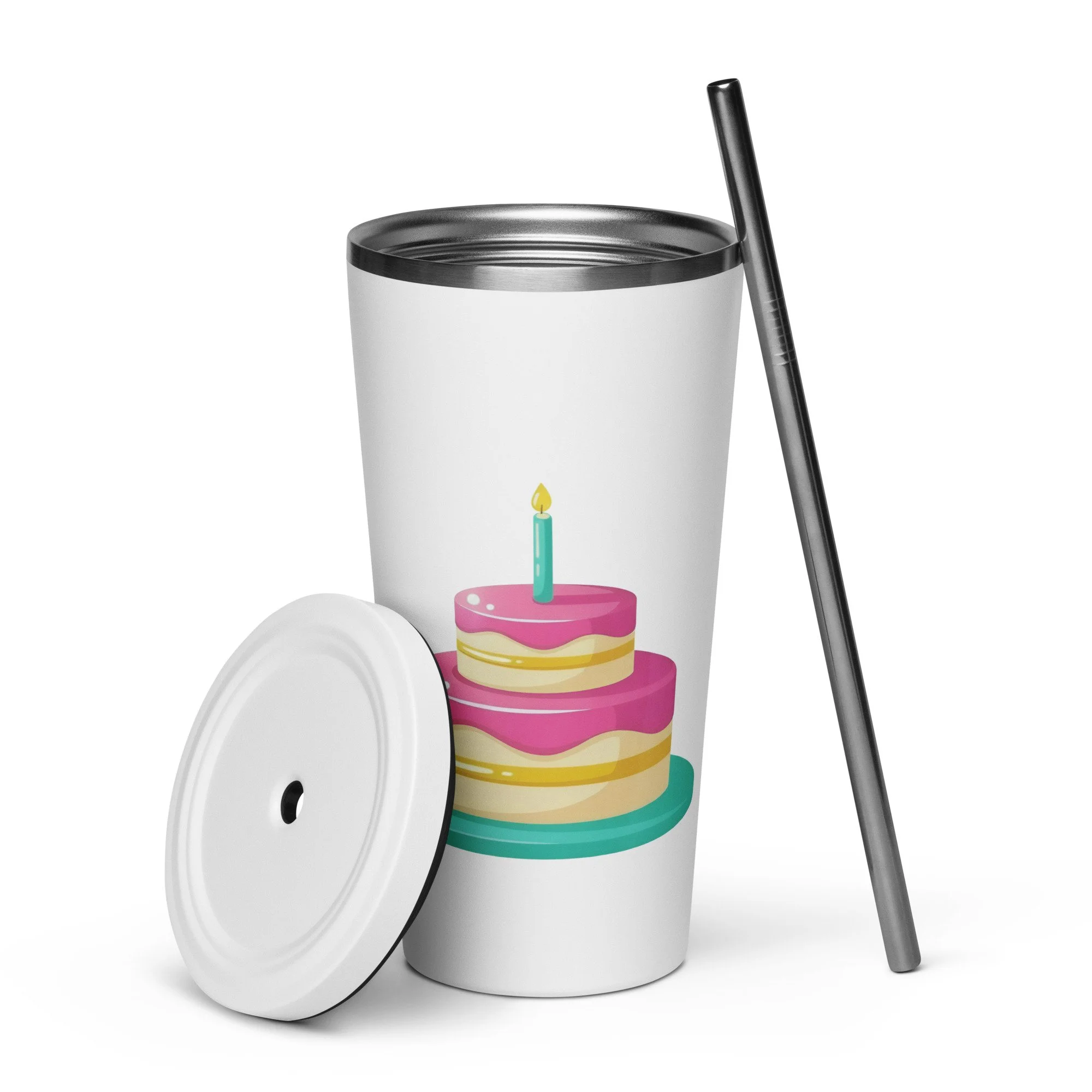 White 20 oz insulated stainless steel tumbler with a strawberry lemonade celebration cake design shown with lid and straw beside it.