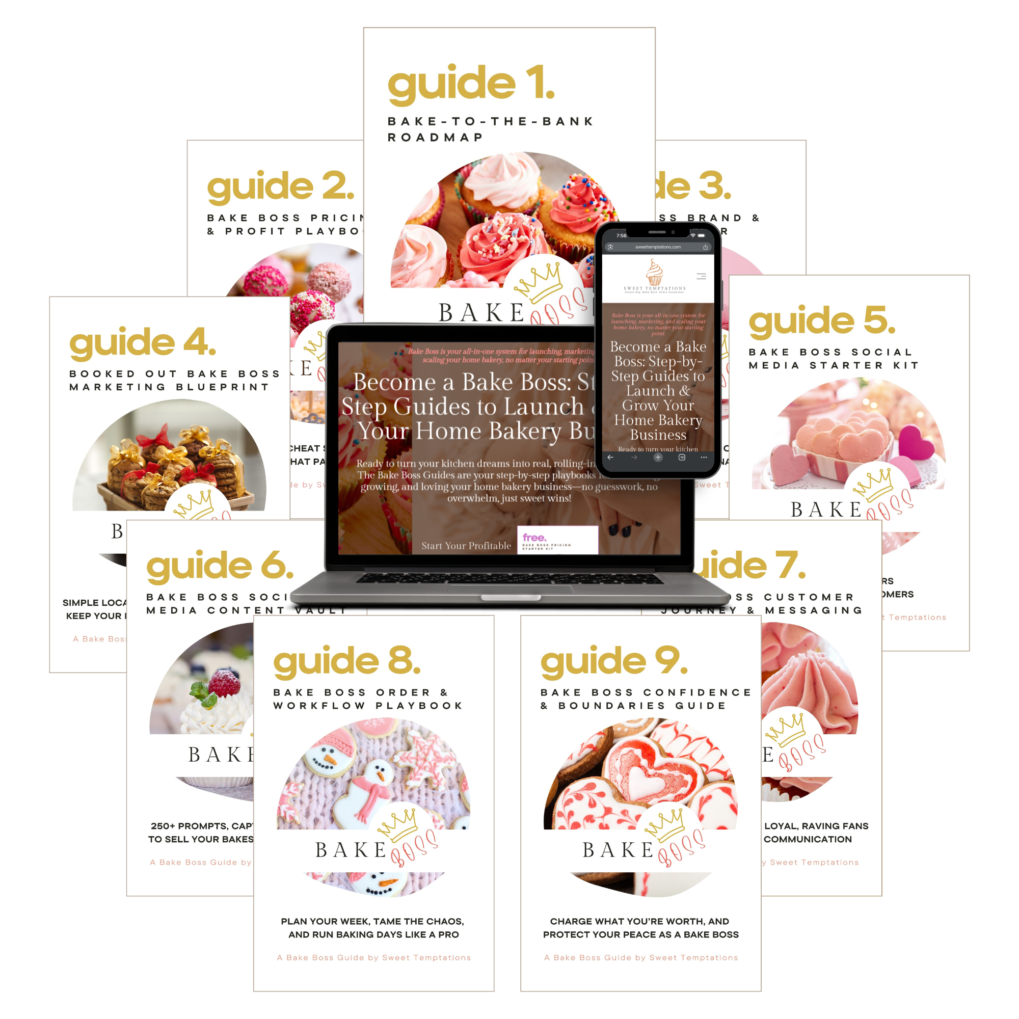 Collection of multiple guide covers related to baking, including titles like 'Guide 1. Bake to the Bank Roadmap' and 'Guide 4. Booked Out Bake Boss Marketing Blueprint,' with images of cupcakes, cookies, and baked goods.