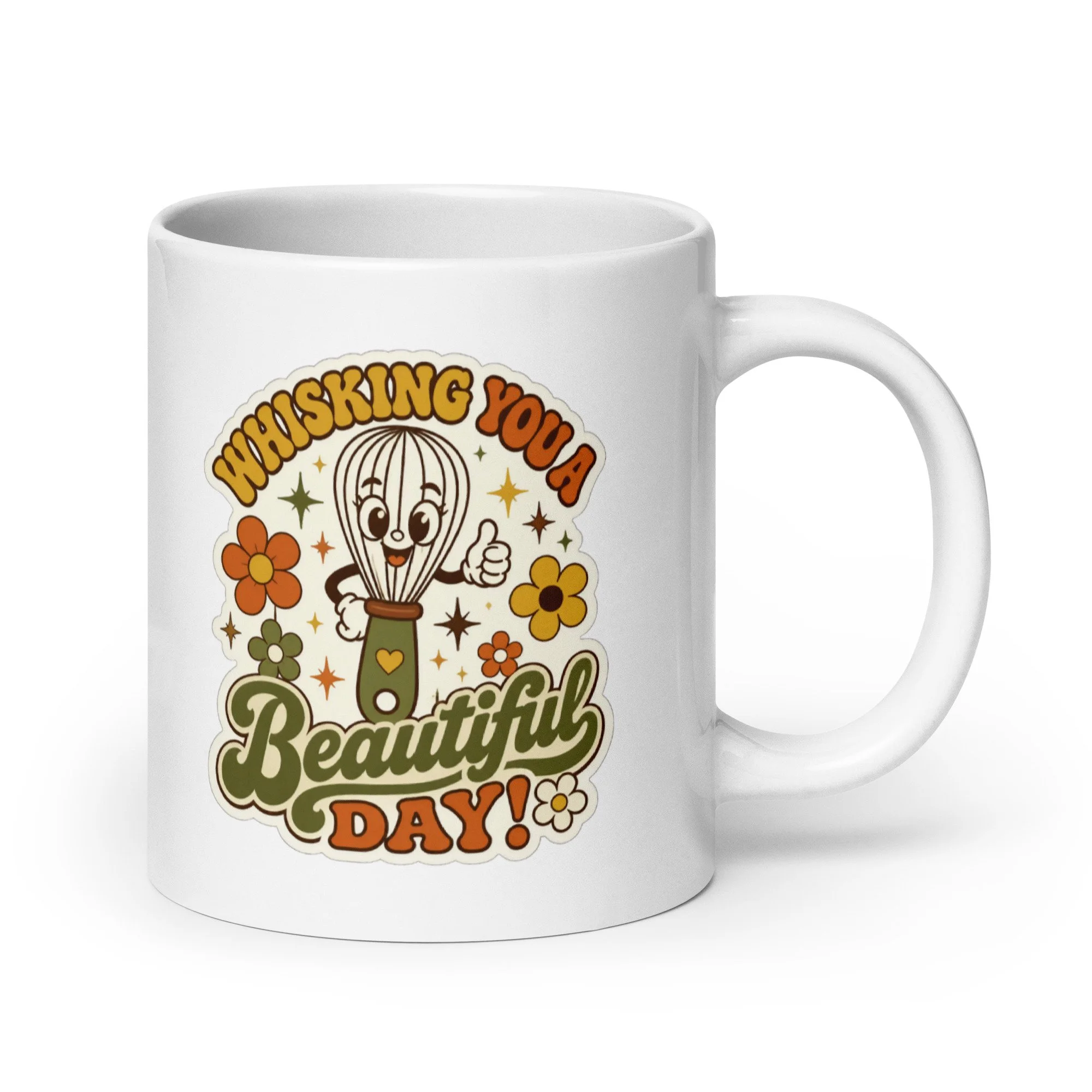 White ceramic retro baking mug with “Whisking You a Beautiful Day” whisk graphic and floral design, angled left view.