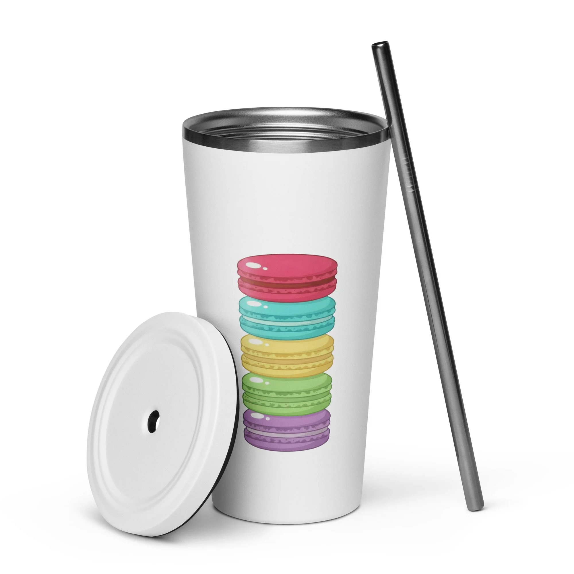 White 20 oz insulated stainless steel tumbler with a bright macaron stack design shown with lid and straw beside it.