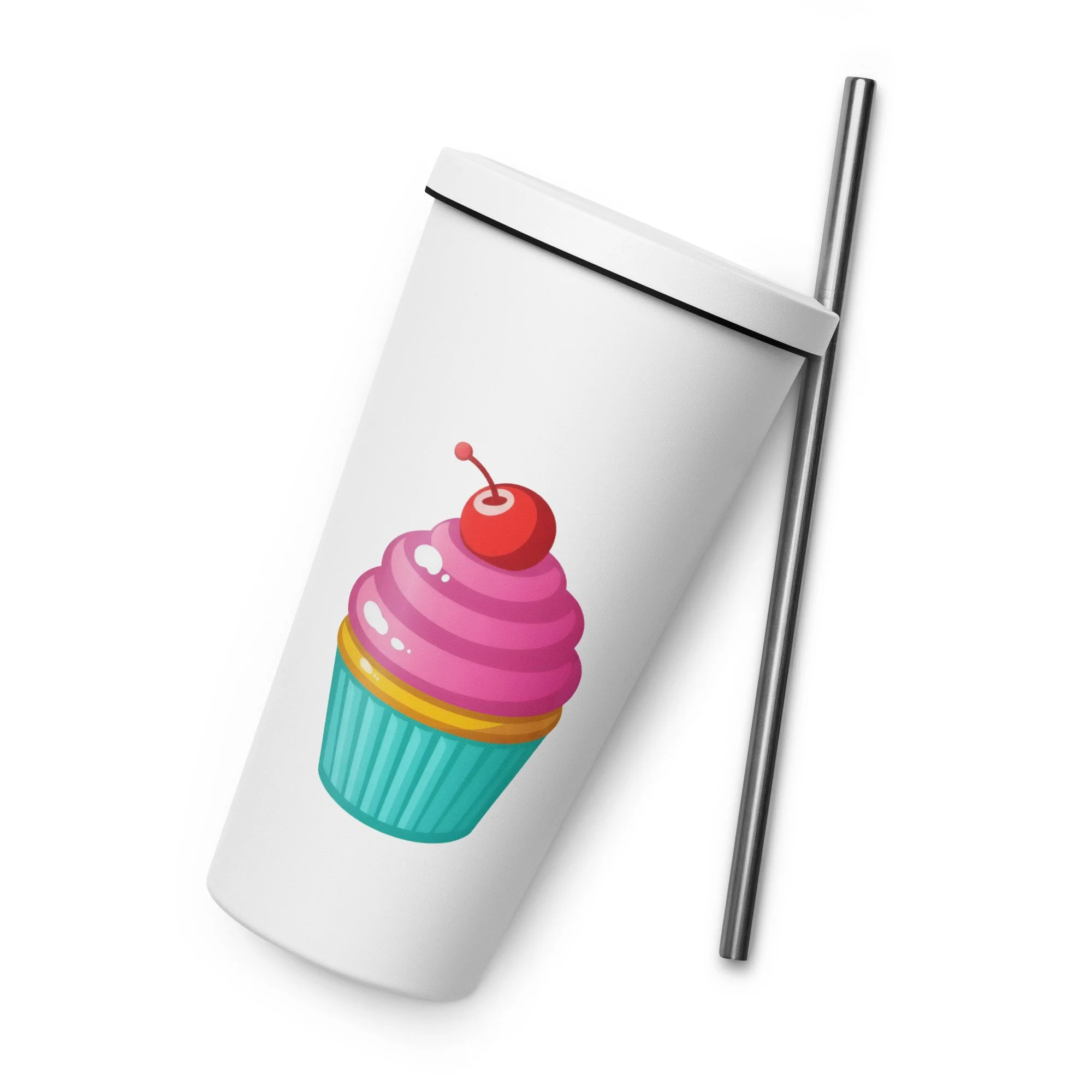 White 20 oz insulated stainless steel tumbler with straw and a cupcake with a cherry on top design, angled side view.