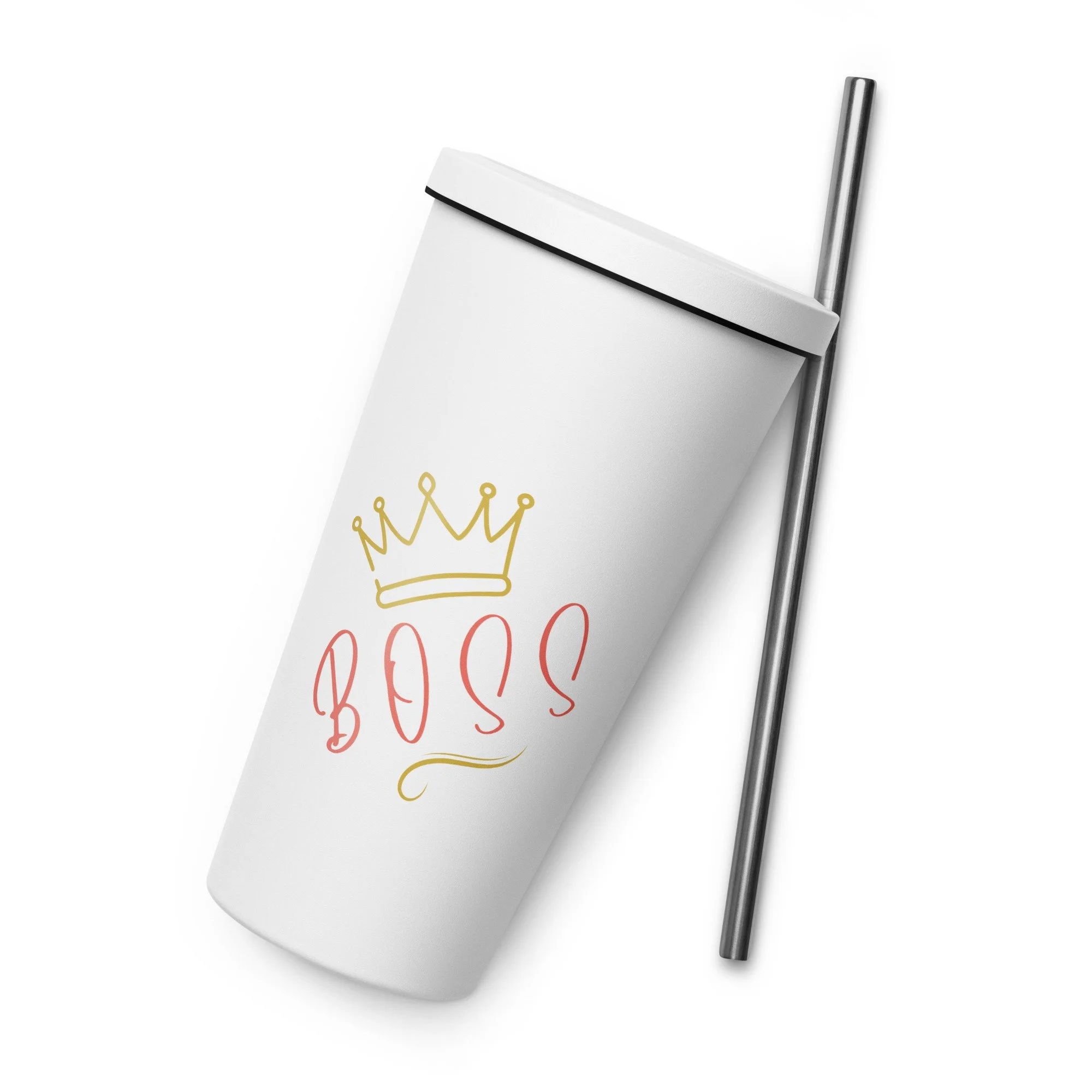 White 20 oz insulated stainless steel tumbler with straw and “Bake Boss” crown design, angled side view.