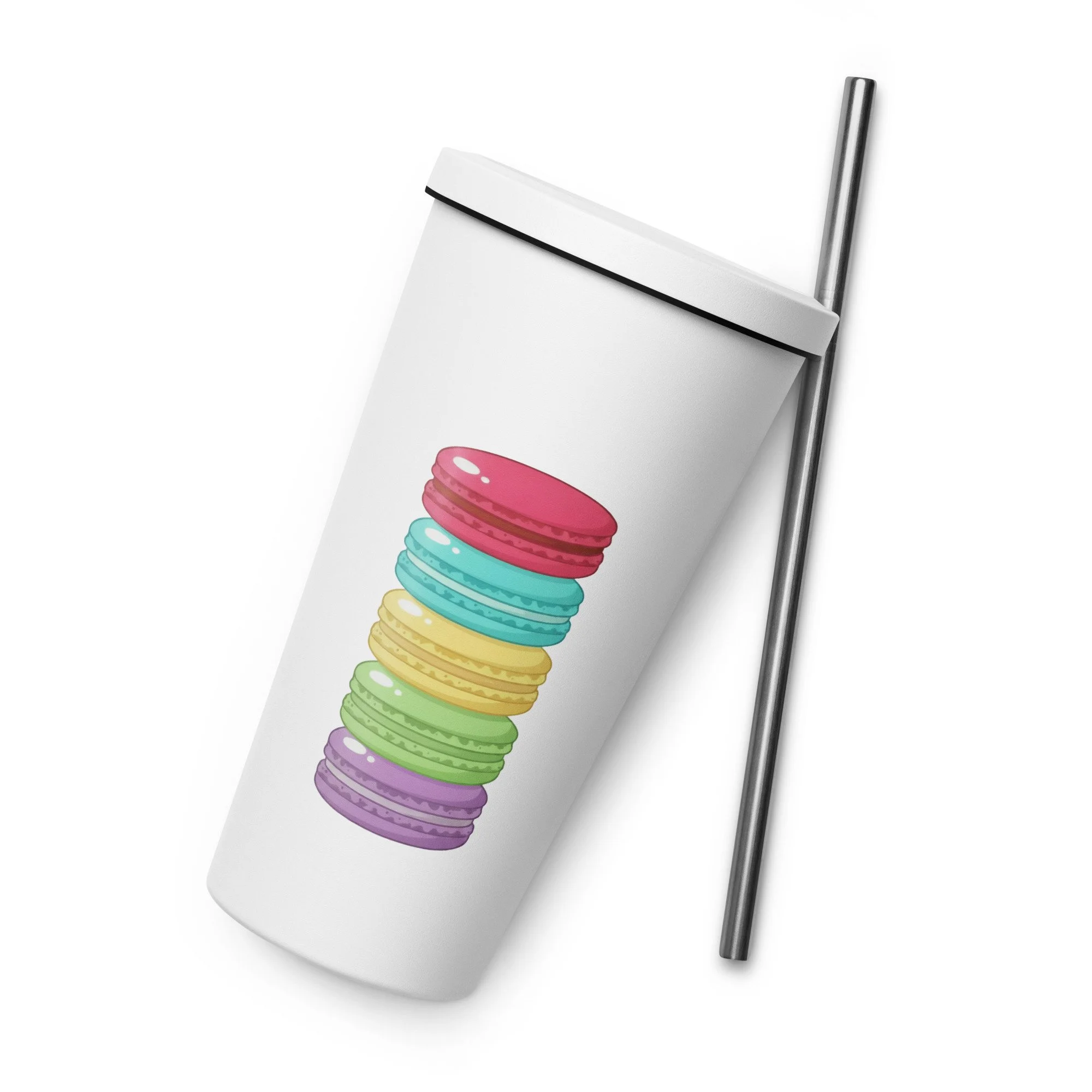 White 20 oz insulated stainless steel tumbler with straw and a bright macaron stack design, angled side view.