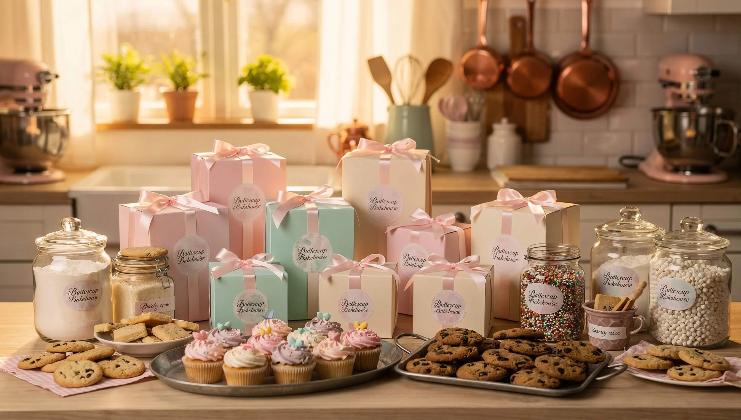 Assorted cookies, cupcakes with pastel frosting and sprinkles, and candy jars filled with sprinkles and mini marshmallows on a kitchen kitchen island, with pastel boxes for baked goods labeled 'Buttercup Bakehouse', and a window with sunlight, plants, and copper pots in the background.