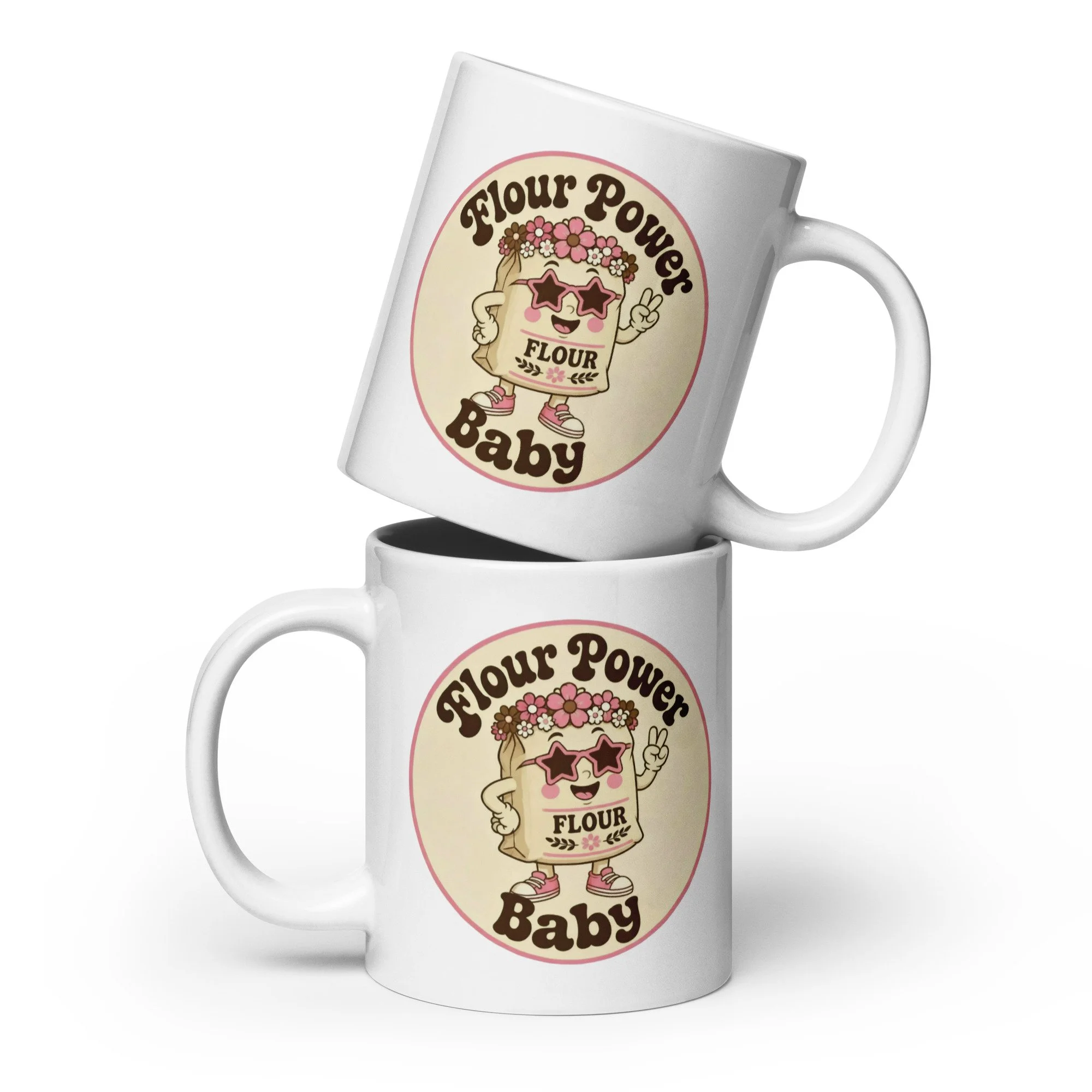 Two stacked white ceramic retro baking mugs featuring the “Flour Power Baby” flour bag design.