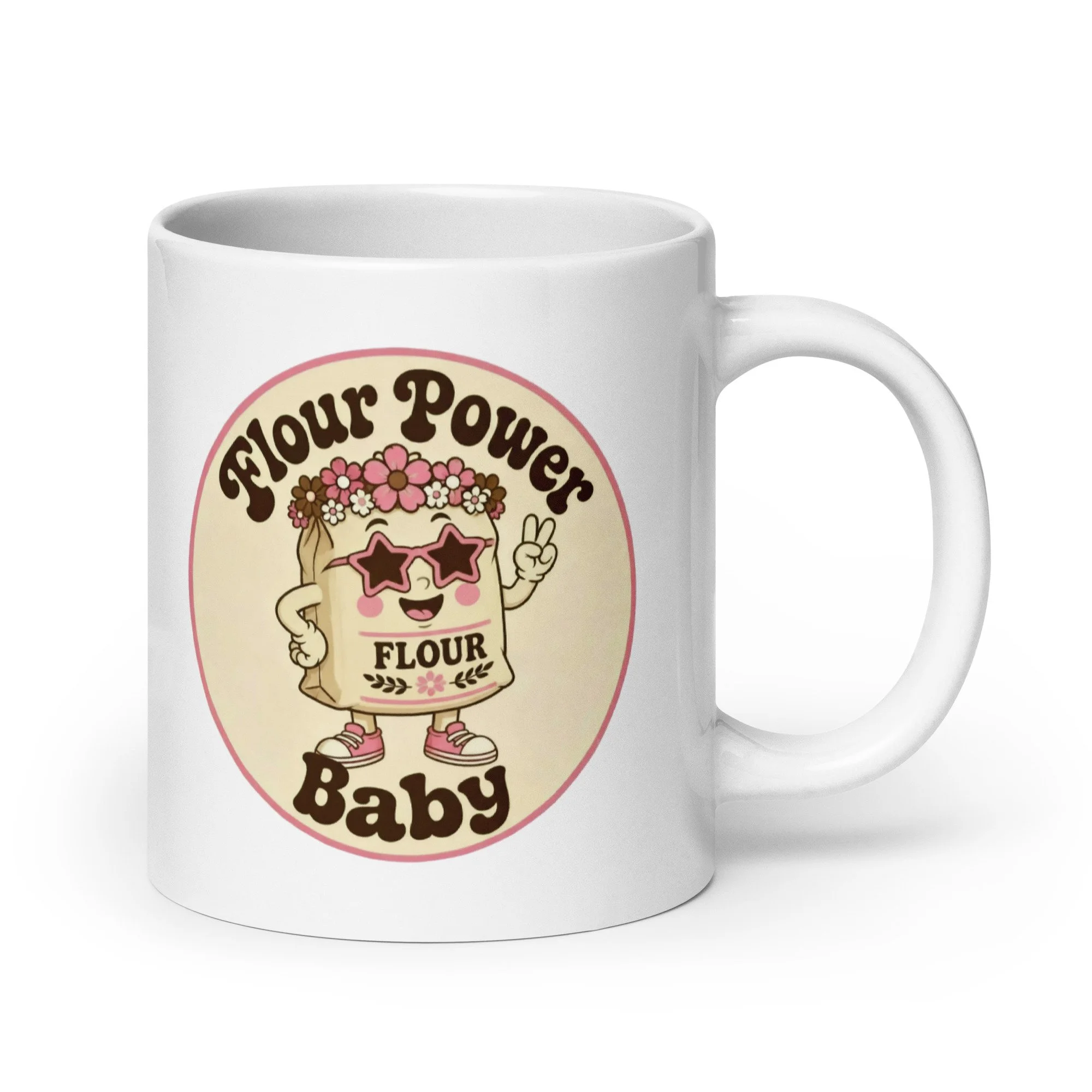 White ceramic retro baking mug with “Flour Power Baby” flour bag graphic, angled left view.