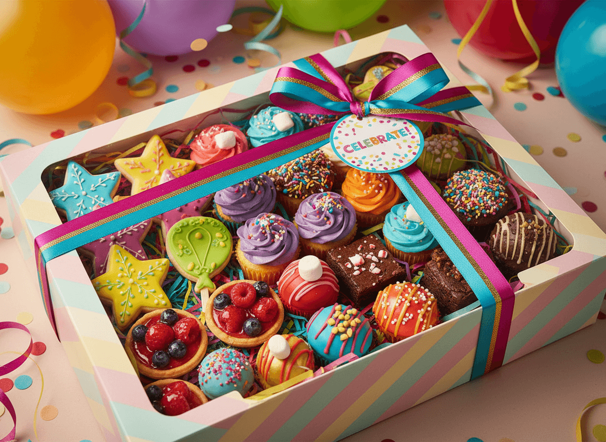 A colorful gift box filled with assorted decorated cupcakes and cookies on a festive table with balloons and confetti.