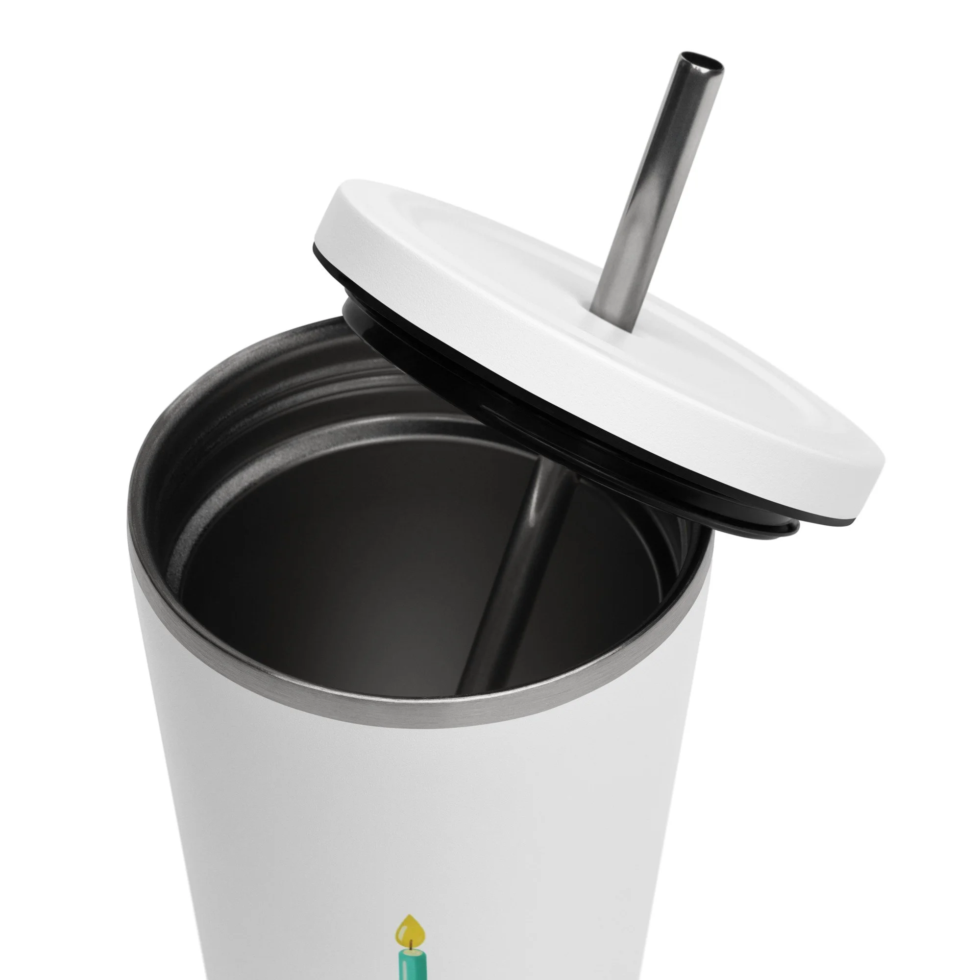 Top-down view of the insulated tumbler showing the lid and stainless steel interior.