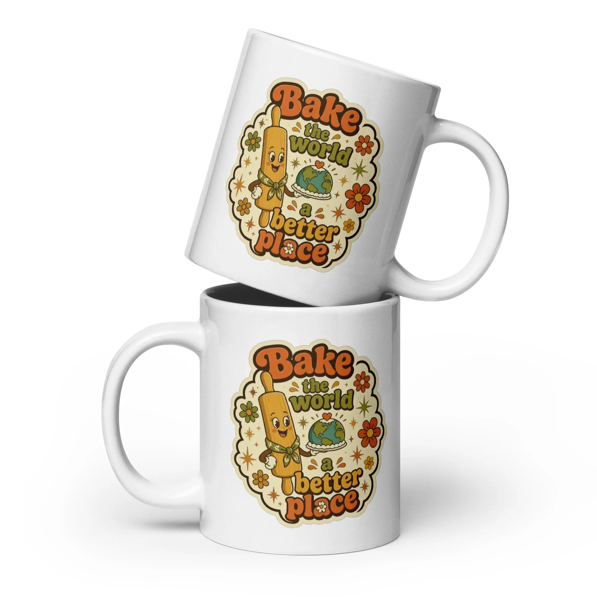 Two stacked white ceramic retro baking mugs featuring the “Bake the world a better place” rolling pin design.