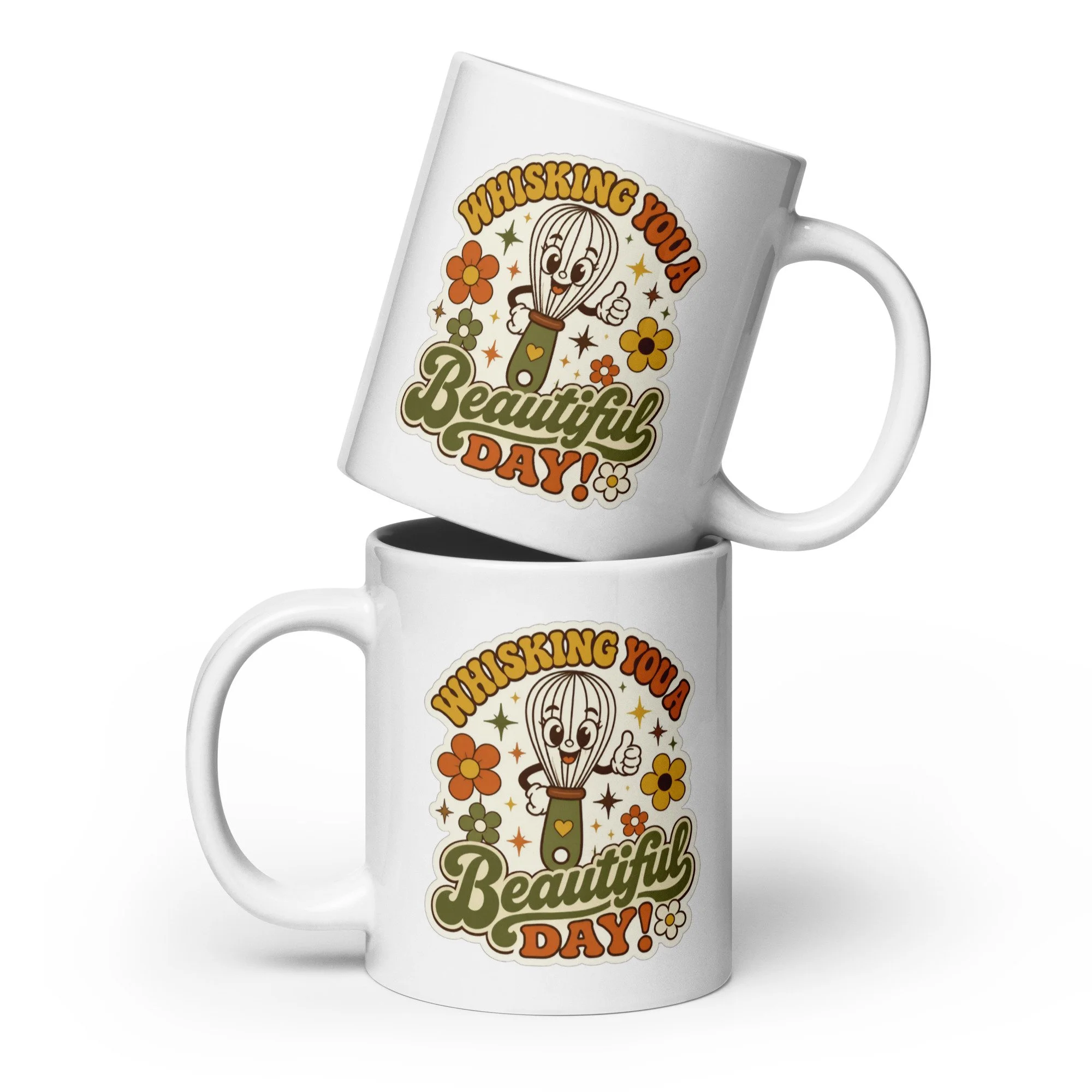 Two stacked white ceramic retro baking mugs featuring the “Whisking You a Beautiful Day” whisk and flowers design.
