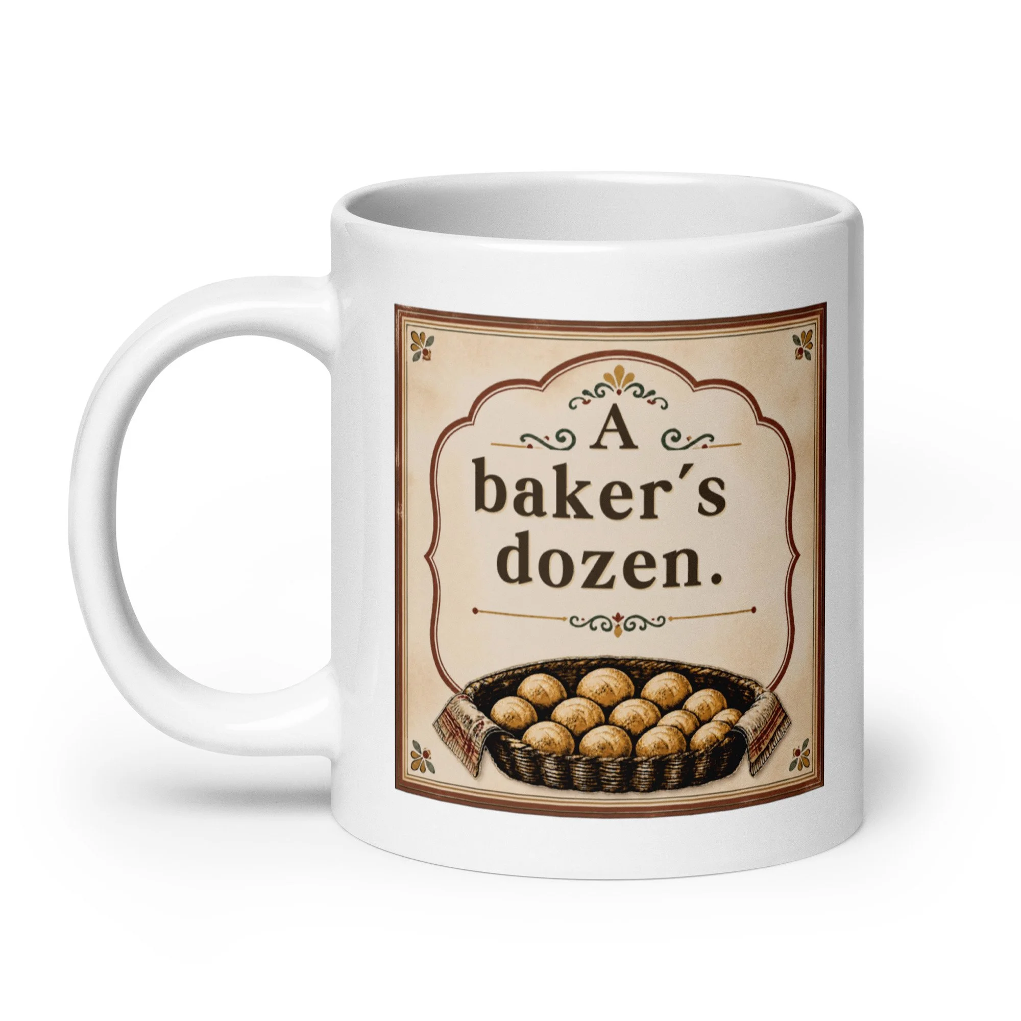 White ceramic mug with “A baker’s dozen” vintage baking design and bread basket illustration, handle view.