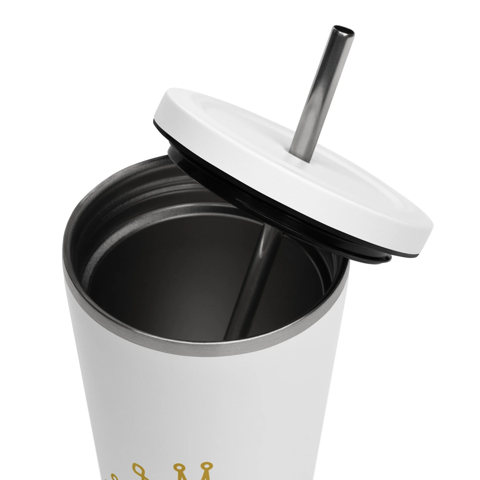 Top-down view of the insulated tumbler showing the lid and stainless steel interior.