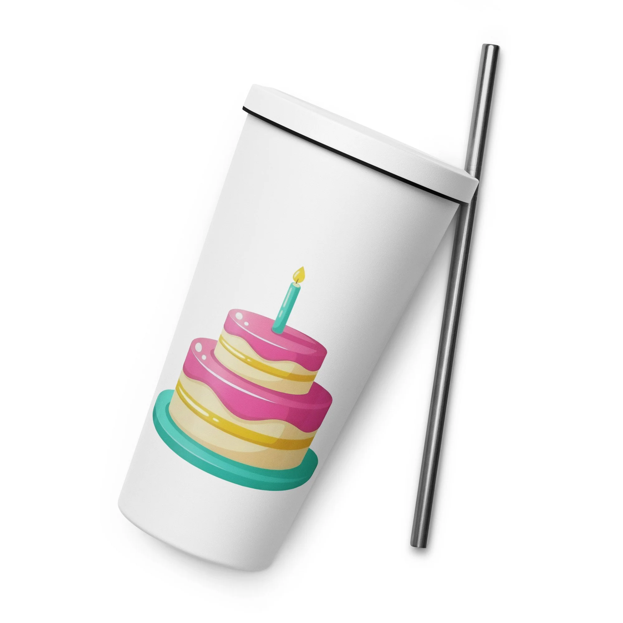 White 20 oz insulated stainless steel tumbler with straw and a strawberry lemonade celebration cake design, angled side view.
