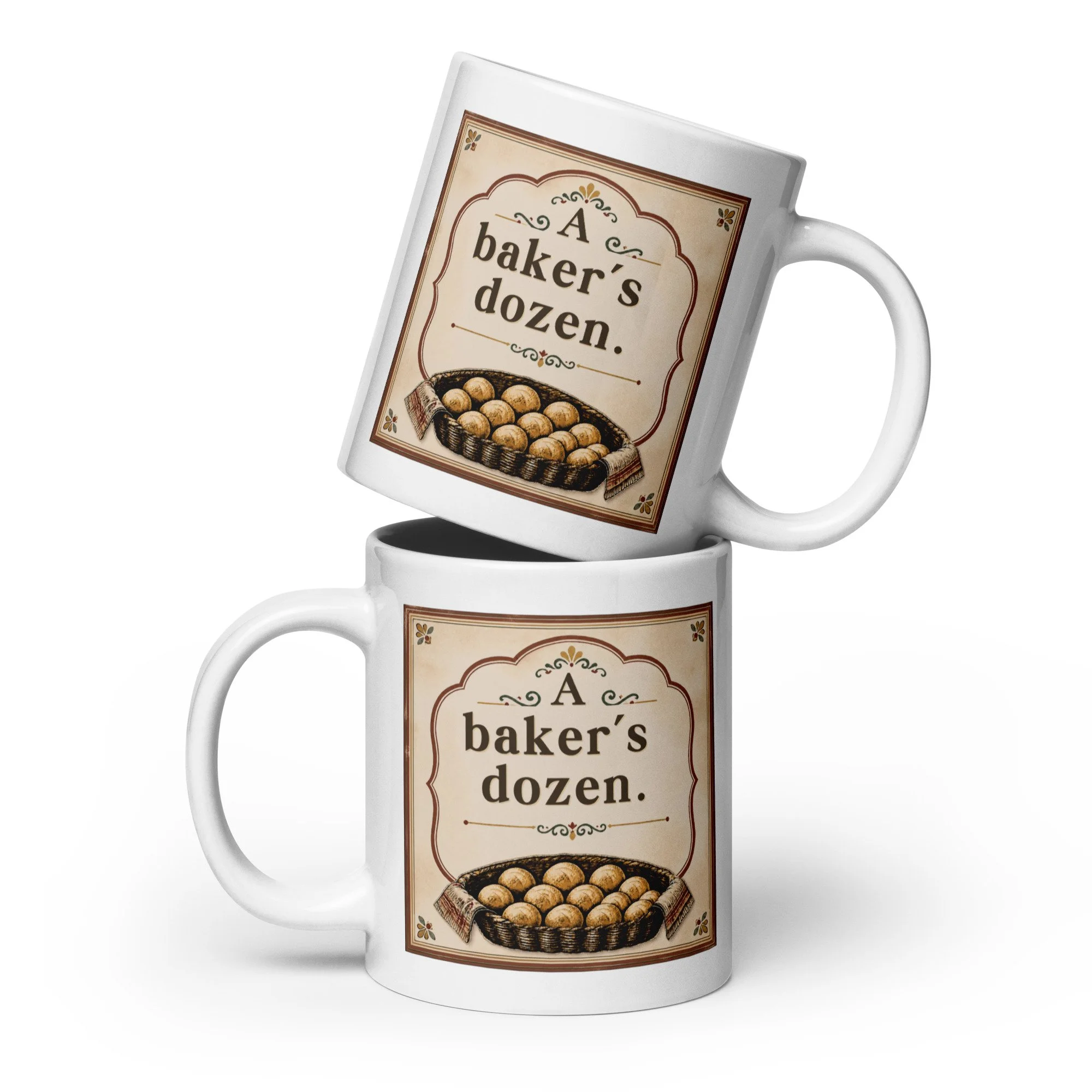 Two stacked white ceramic mugs featuring the “A baker’s dozen” vintage design.
