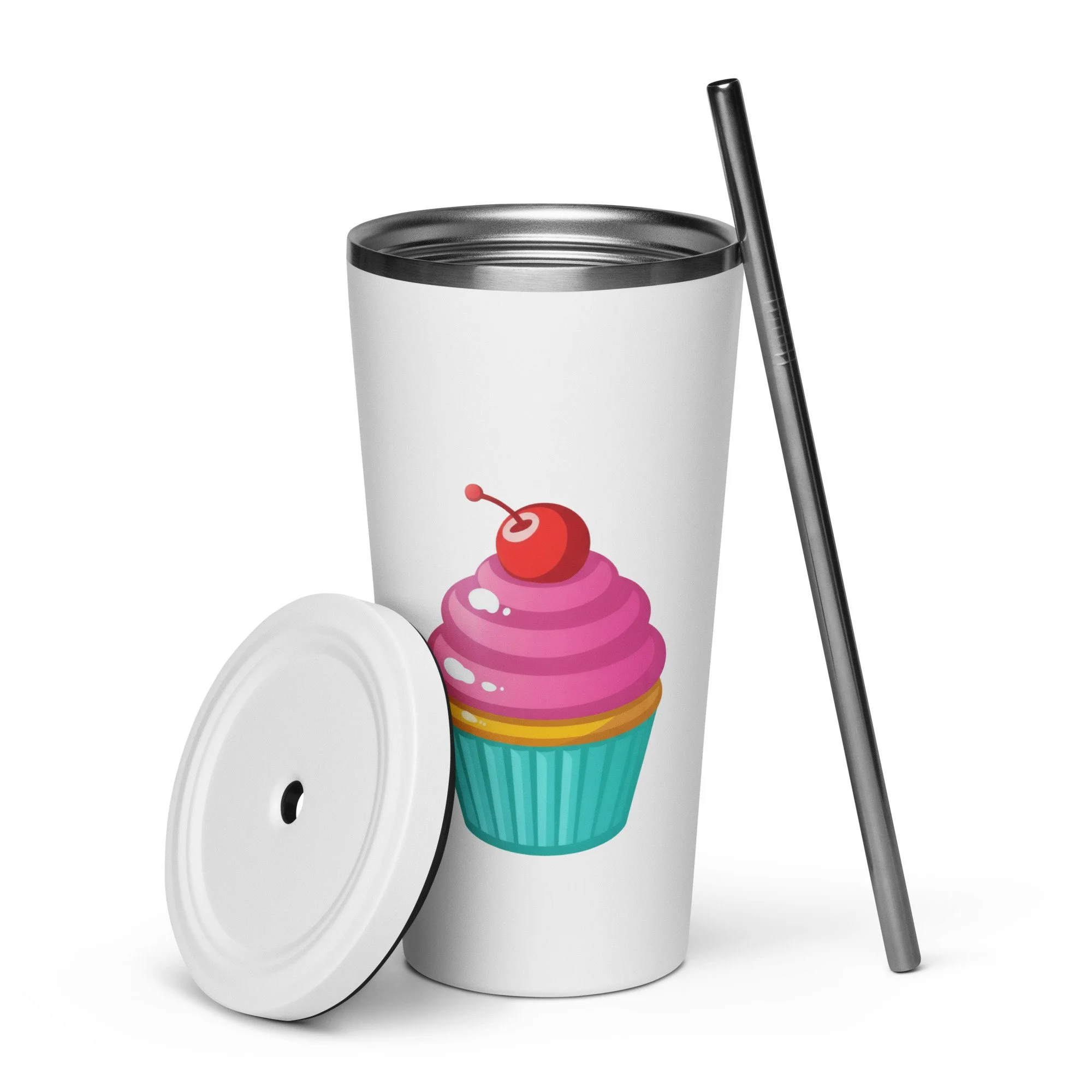 White 20 oz insulated stainless steel tumbler with a cupcake with a cherry on top design shown with lid and straw beside it.