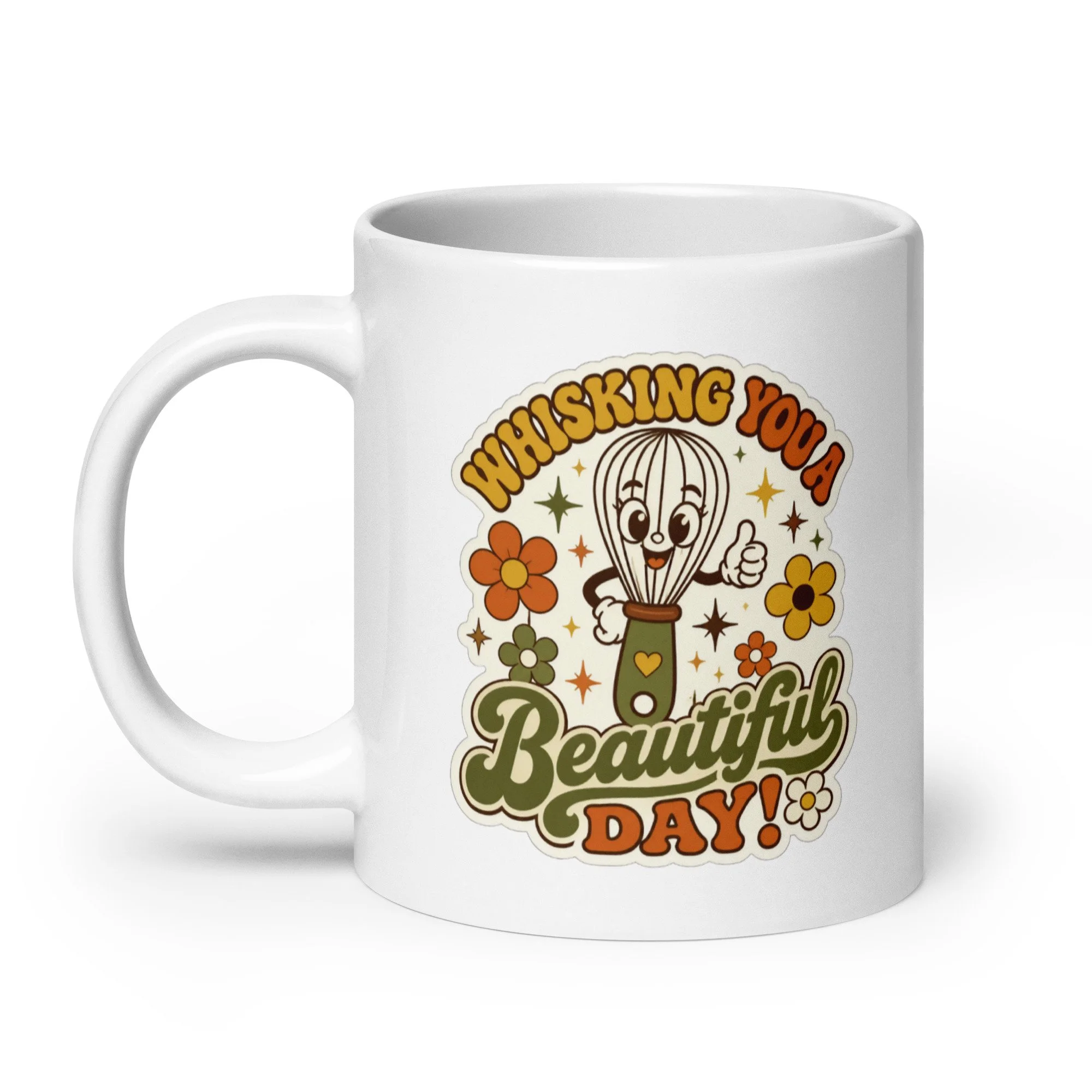 White ceramic retro baking mug with “Whisking You a Beautiful Day” whisk graphic and floral design, angled right view.