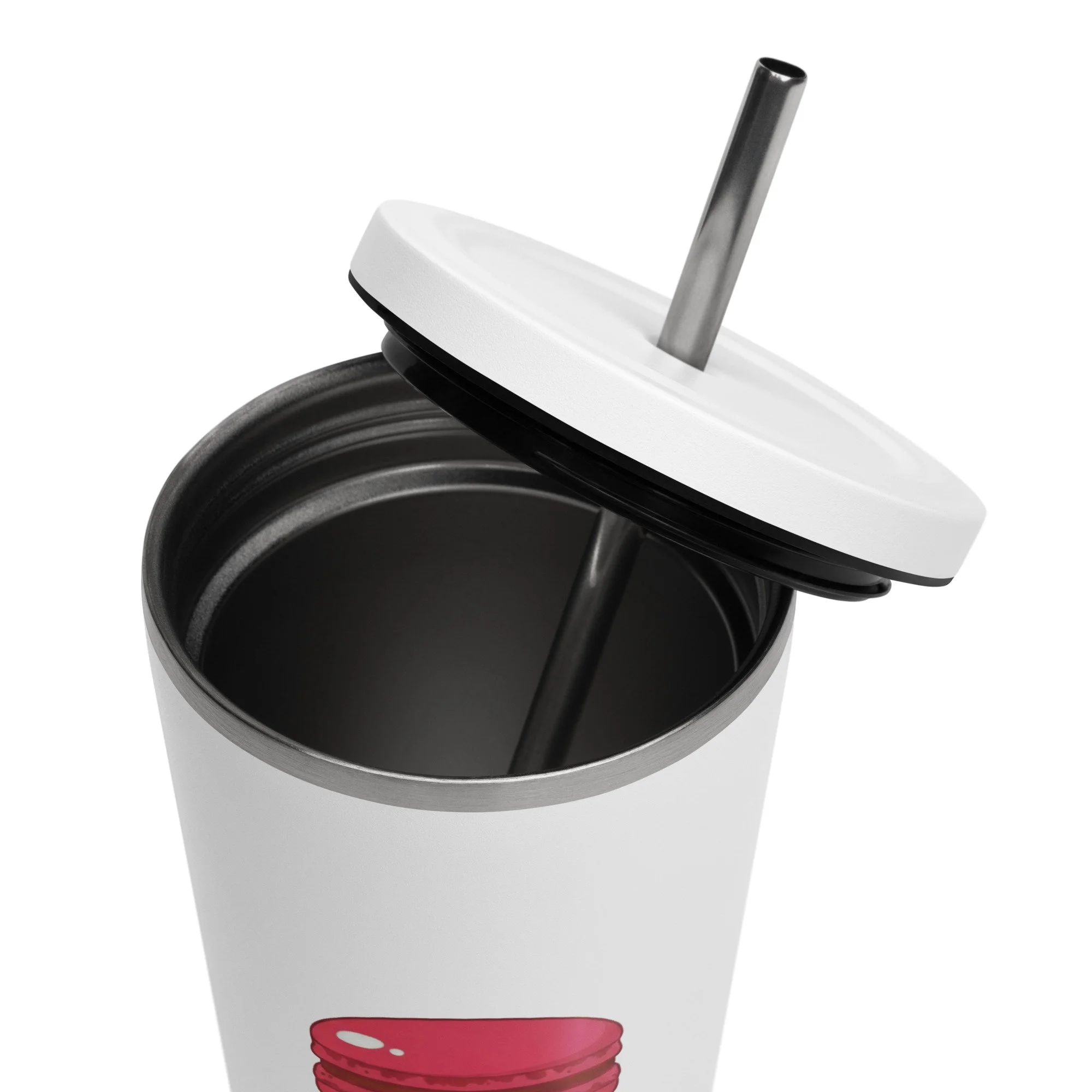 Top-down view of the insulated tumbler showing the lid and stainless steel interior.