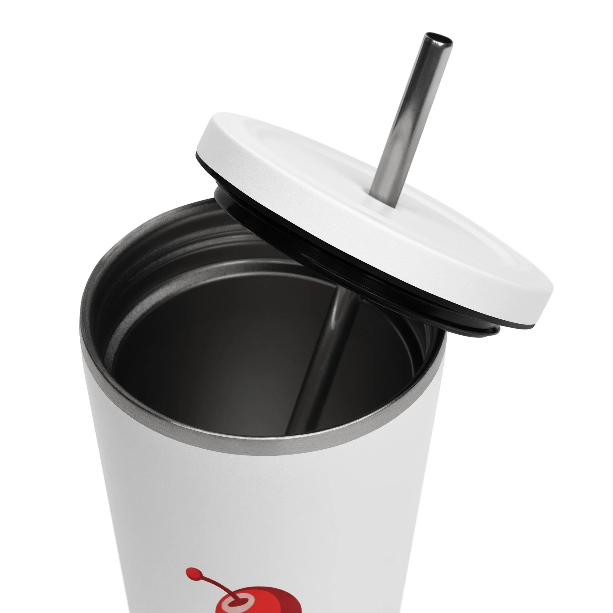 Top-down view of the insulated tumbler showing the lid and stainless steel interior.