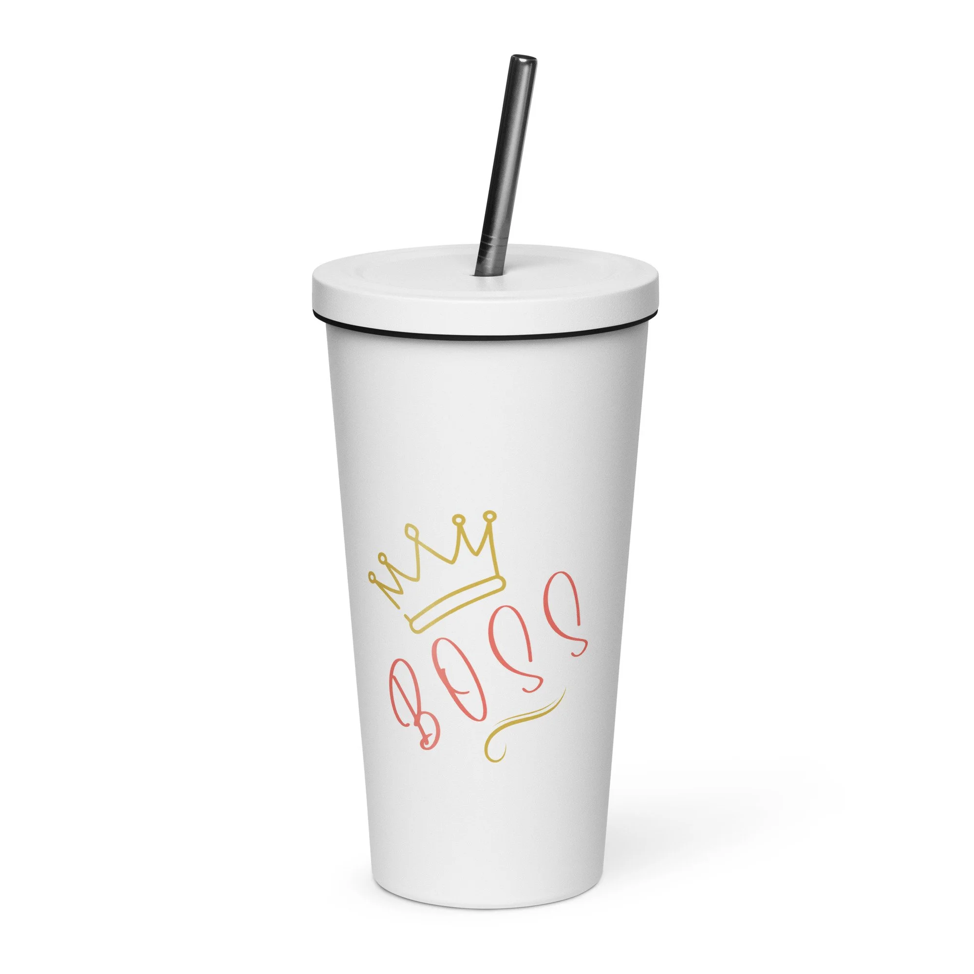 White 20 oz insulated stainless steel tumbler with straw and “Bake Boss” crown design, front view.