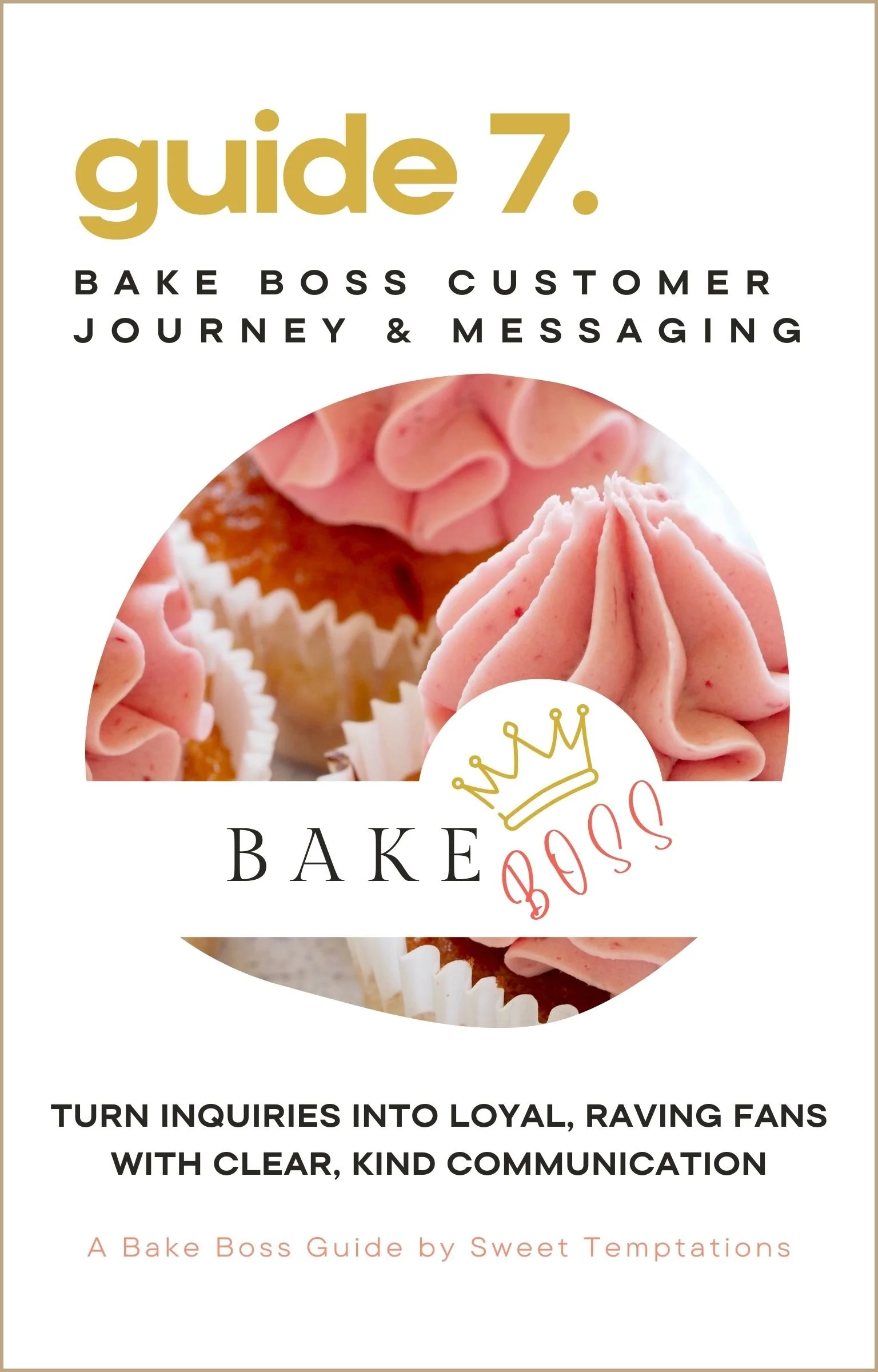 Book cover for a guide titled 'Guide 7. Bake Boss Customer Journey & Messaging' with an image of pink frosted cupcakes and a crown illustration.