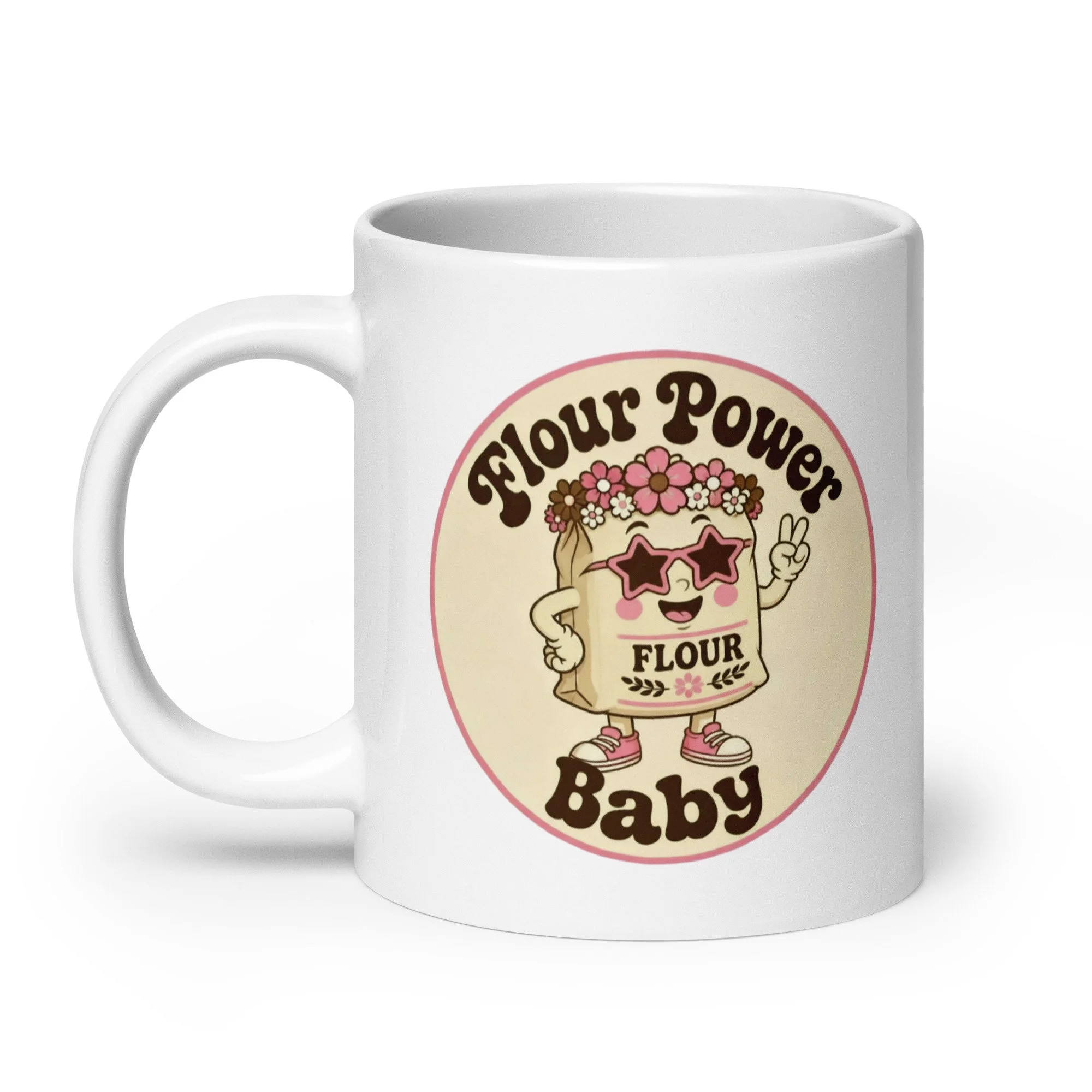 White ceramic retro baking mug with “Flour Power Baby” flour bag graphic, angled right view.