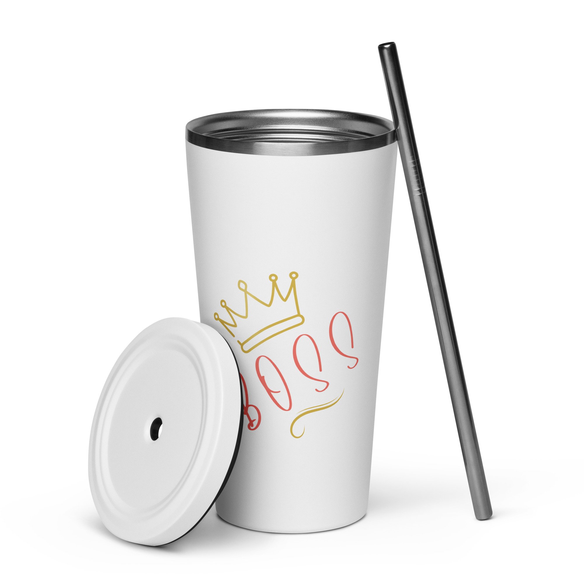 White 20 oz insulated stainless steel tumbler with “Bake Boss” crown design shown with lid and straw beside it.