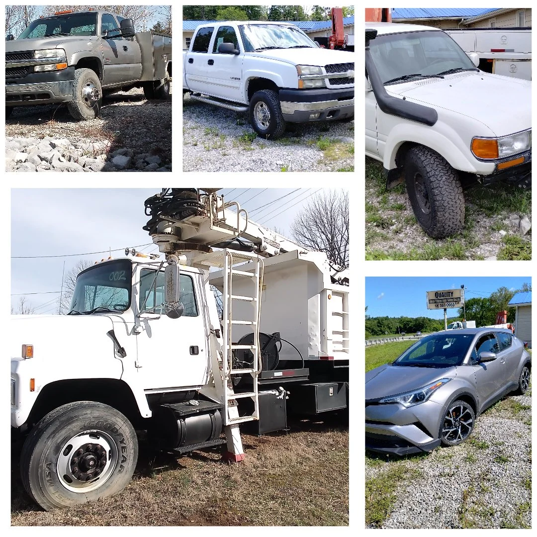 A collage of five vehicles, including a gray pickup truck, a white SUV, a white off-road vehicle, a white utility truck with equipment, and a silver sports car.