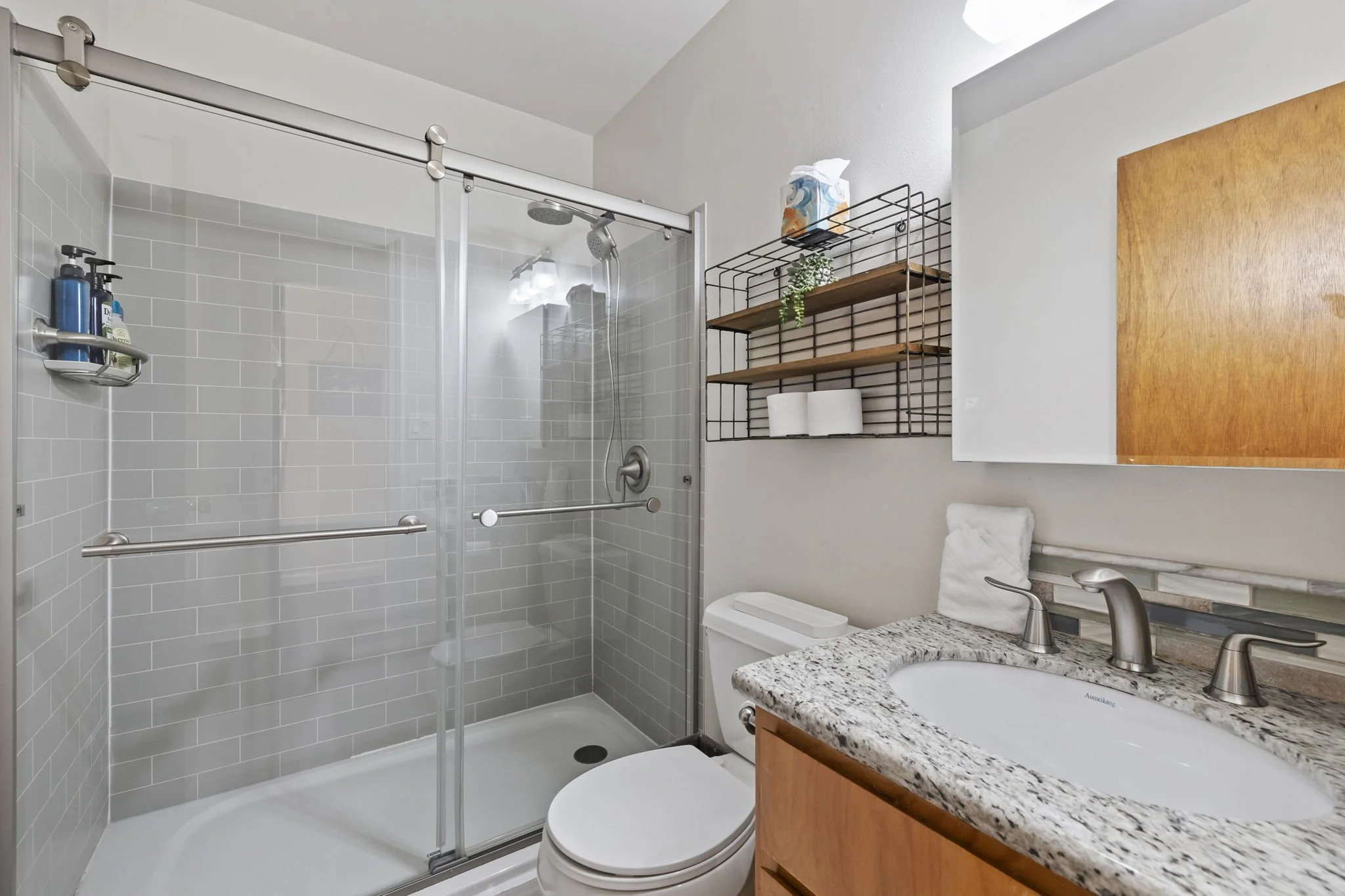 Bathroom with a glass-enclosed shower, a granite countertop sink, a toilet, a wall-mounted shelving unit with toiletries and tissue, a wooden cabinet behind the sink, and a wooden door.