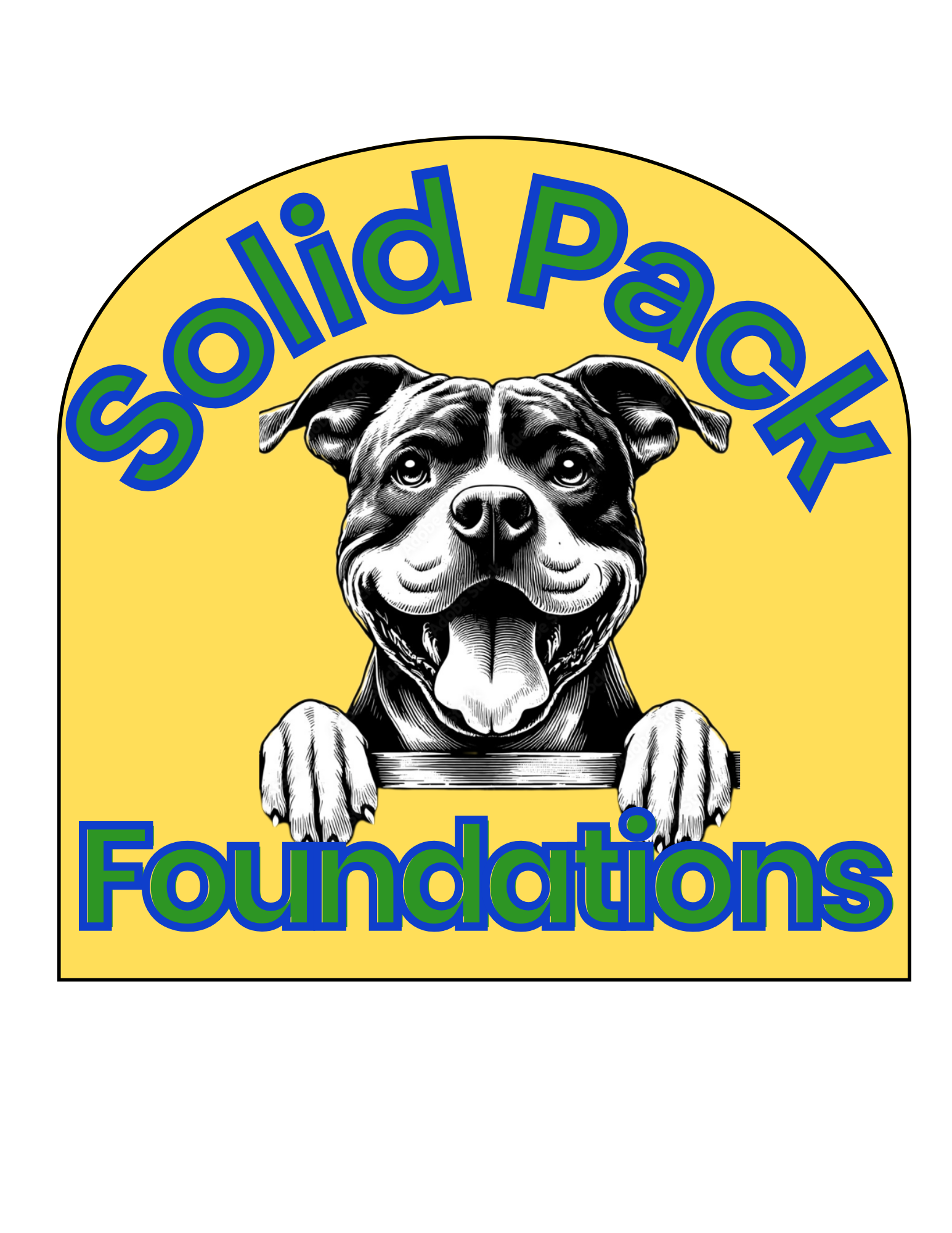 Logo for Solid Pack Foundations featuring a smiling dog with a black and white face and a yellow background with blue and green text.