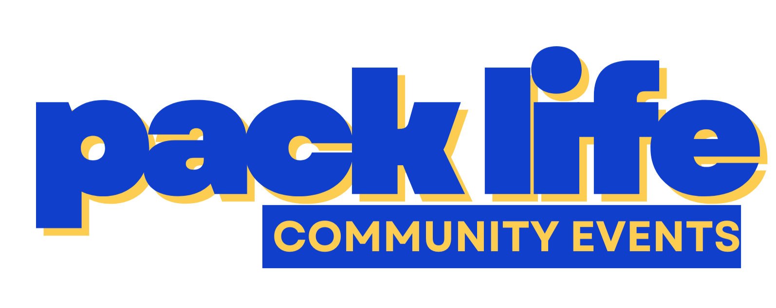 The logo for Pack Life Community Events, featuring bold blue and yellow text.