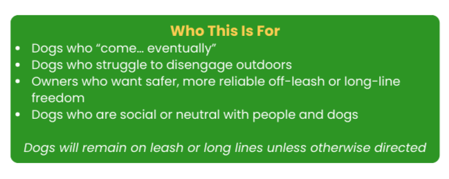 Green sign titled 'Who This Is For' with bullet points describing dog owners who come eventually, struggle outdoors, want safer off-leash freedom, and are social or neutral with people and dogs; note about dogs remaining on leash or long lines unless directed.