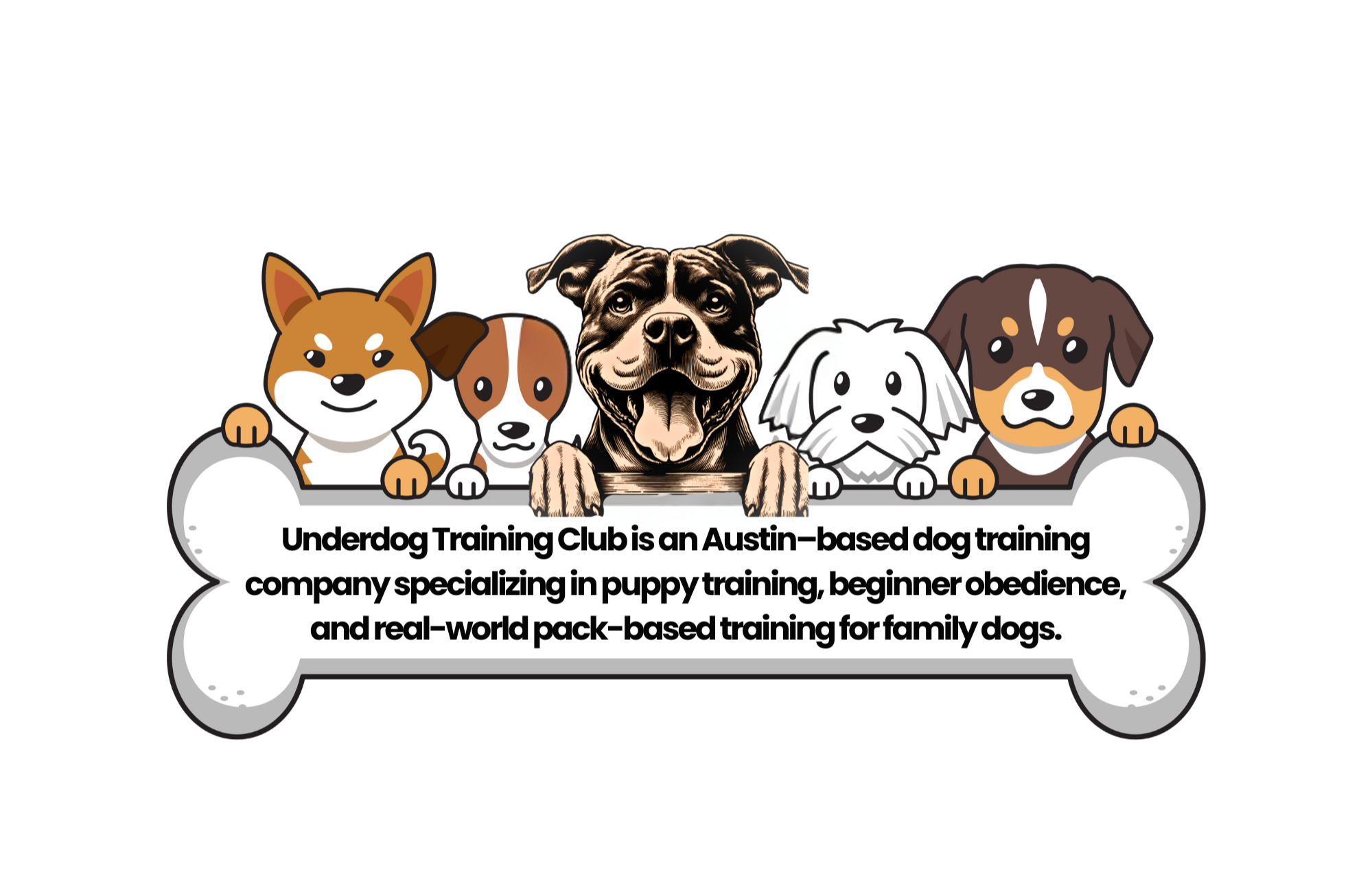 Illustration of five dogs and a bone-shaped sign with text about Underdog Training Club, an Austin-based dog training company specializing in puppy training, obedience, and pack training for family dogs.