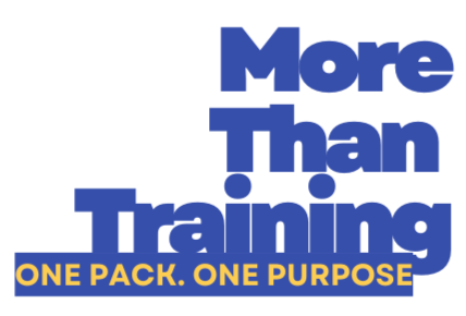 Text in blue and yellow reading "More Than the Training. ONE PACK. ONE PURPOSE"