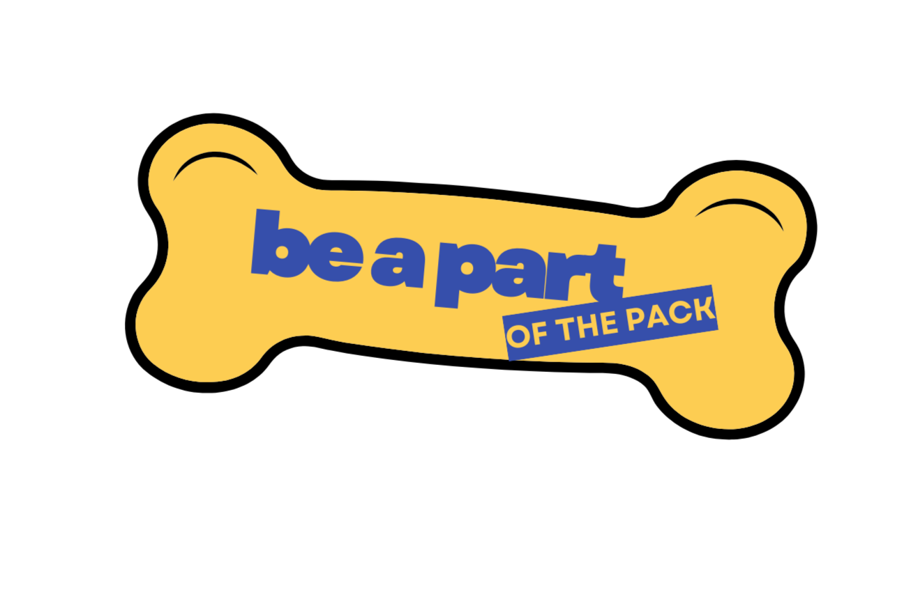 A graphic of a yellow dog bone with the text 'be a part of the pack' written on it, with 'be a part' in bold blue letters and 'of the pack' in smaller yellow letters on a blue background.