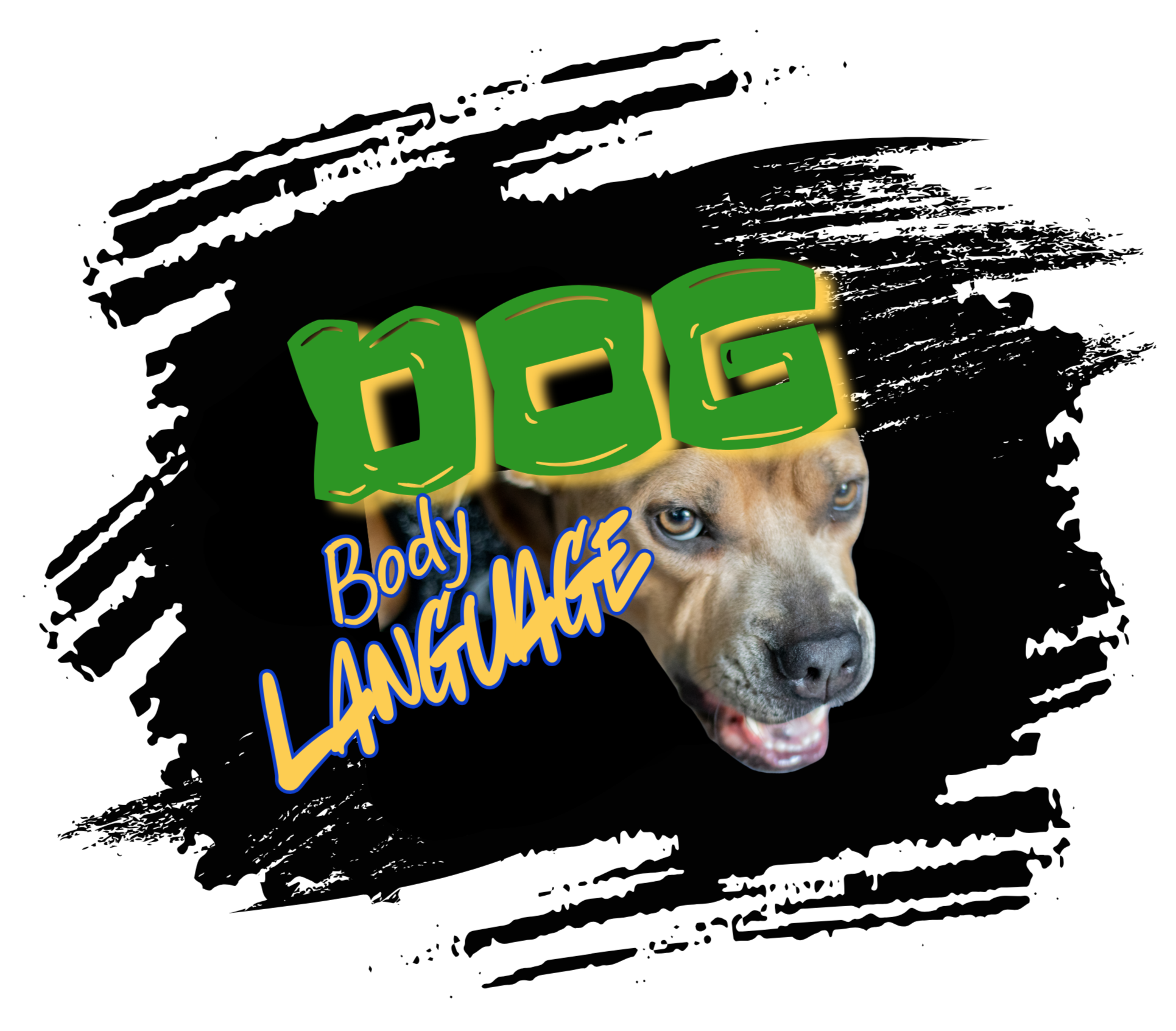A graphic with the text 'DOG' in large green 3D letters, a dog's face with a friendly expression, and the words 'Body Language' in blue handwritten font, all set against a black background.