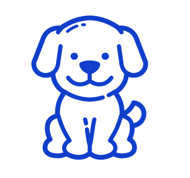 Blue line drawing of a cute puppy with floppy ears and a smiling face, sitting with its tail curled.