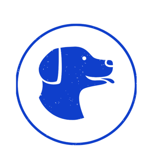 A stylized logo of a dog's head in blue, enclosed in a circle on a black background.