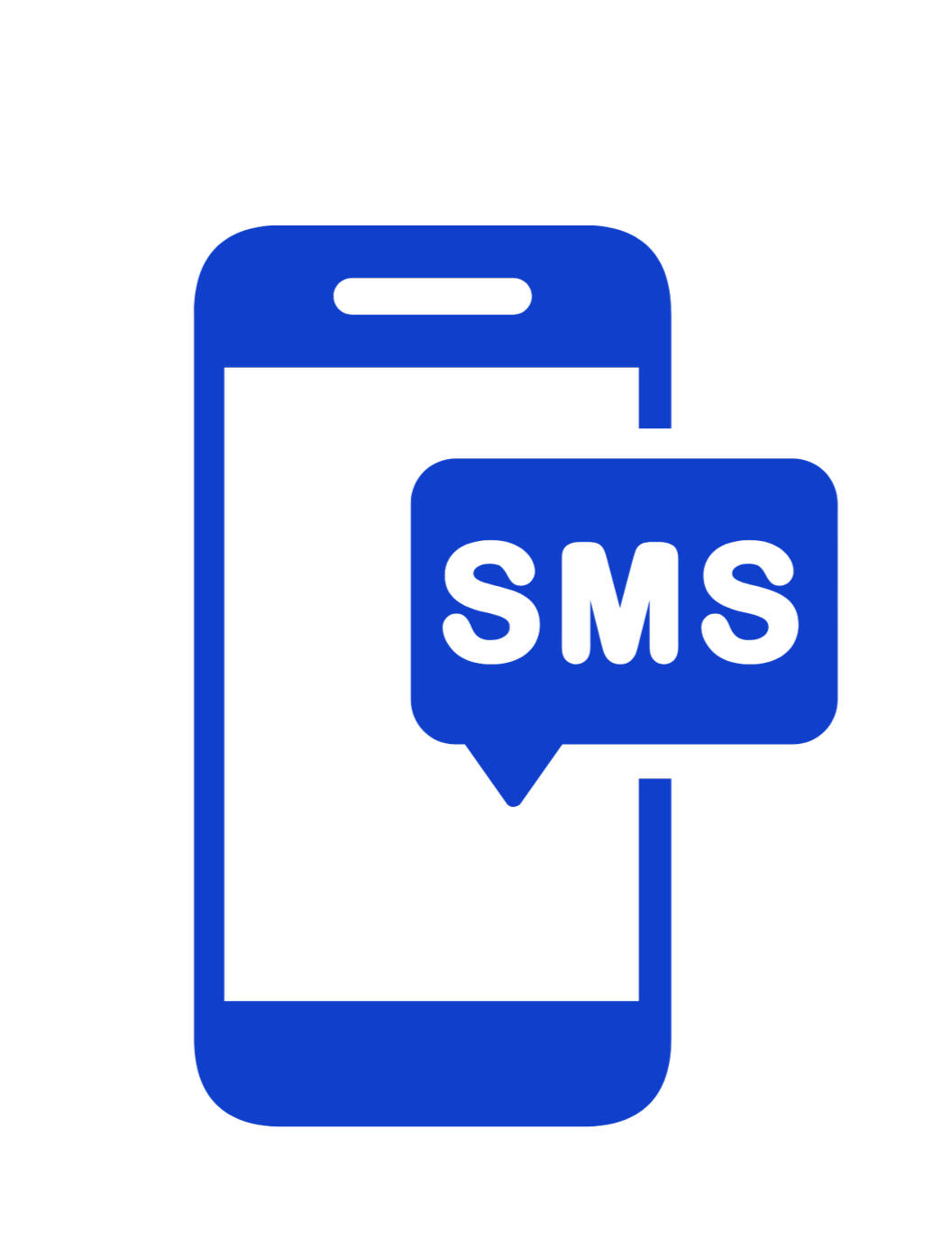 Graphic of a smartphone with a speech bubble containing 'SMS' indicating text messaging.