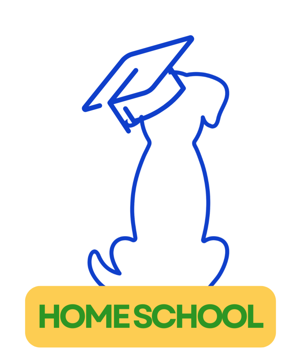 Line drawing of a dog wearing a graduation cap, sitting next to a yellow rectangle with the words "HOME SCHOOL" written in green.