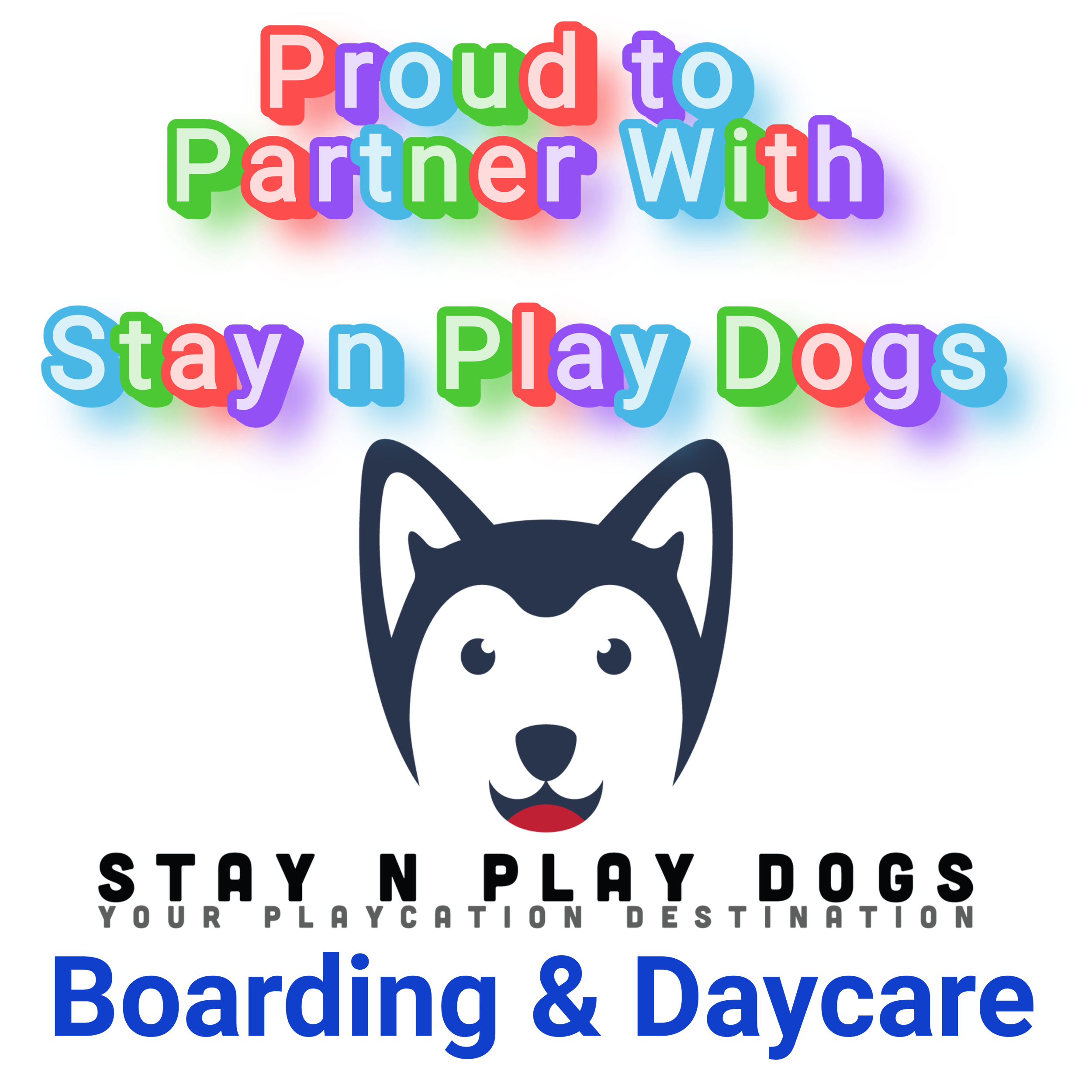 Colorful graphic design with the text 'Proud to Partner With Stay n Play Dogs' above a stylized black and gray dog head logo. Below, the words 'Boarding & Daycare' are written in bold blue font.