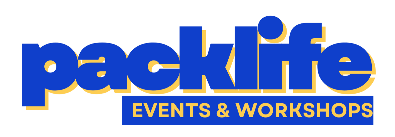 Logo for packlife EVENTS & WORKSHOPS in bold blue and yellow text.