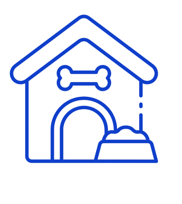 Blue outline of a doghouse with a bone symbol above the entrance and a food bowl with food outside.