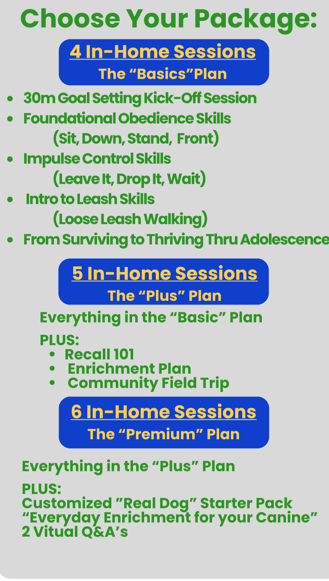 Guide to dog training packages with three levels: Basic, Plus, and Premium, including details of each plan's sessions and features.