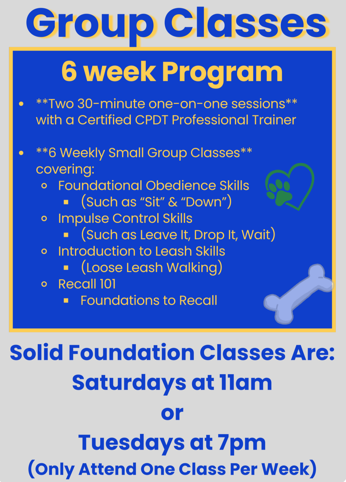 Flyer for a 6-week Beginner group class program with details on class content, schedule, and timings.