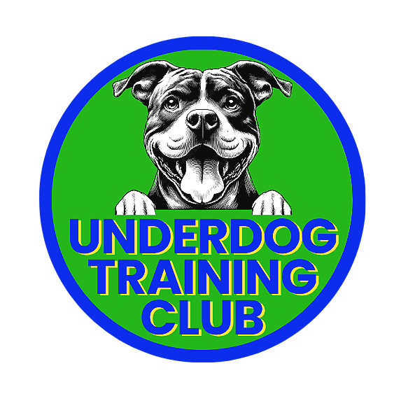Logo for Underdog Training Club featuring a smiling dog with its paws resting on the text