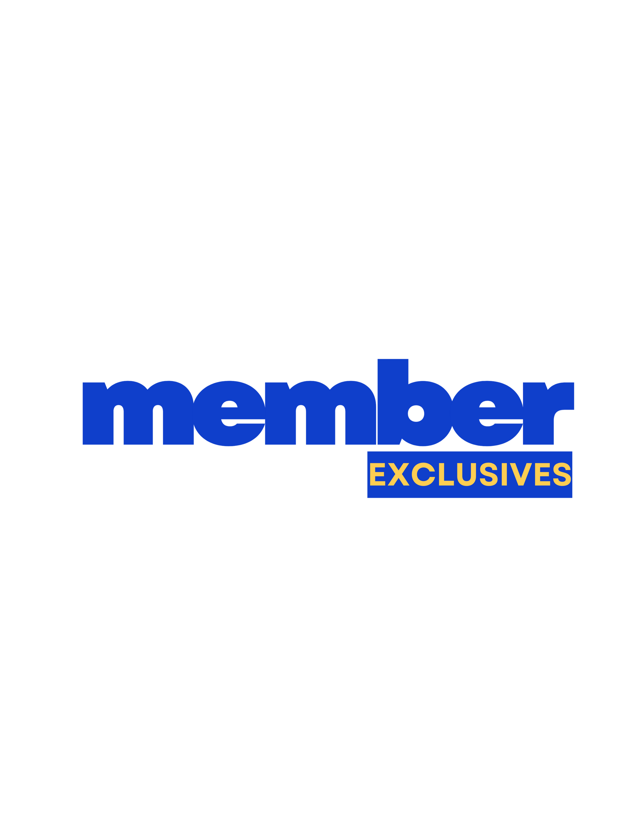 Logo for 'member EXCLUSIVES' with the word 'member' in large blue letters and 'EXCLUSIVES' in smaller yellow text on a blue background.