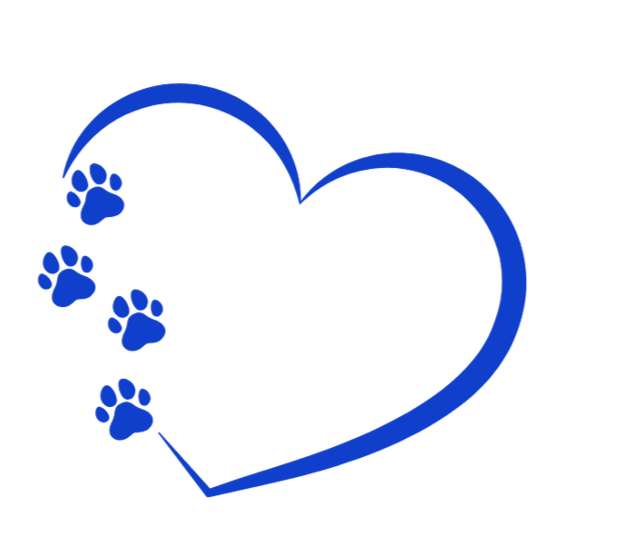 Blue outline of a heart with paw prints leading into it.